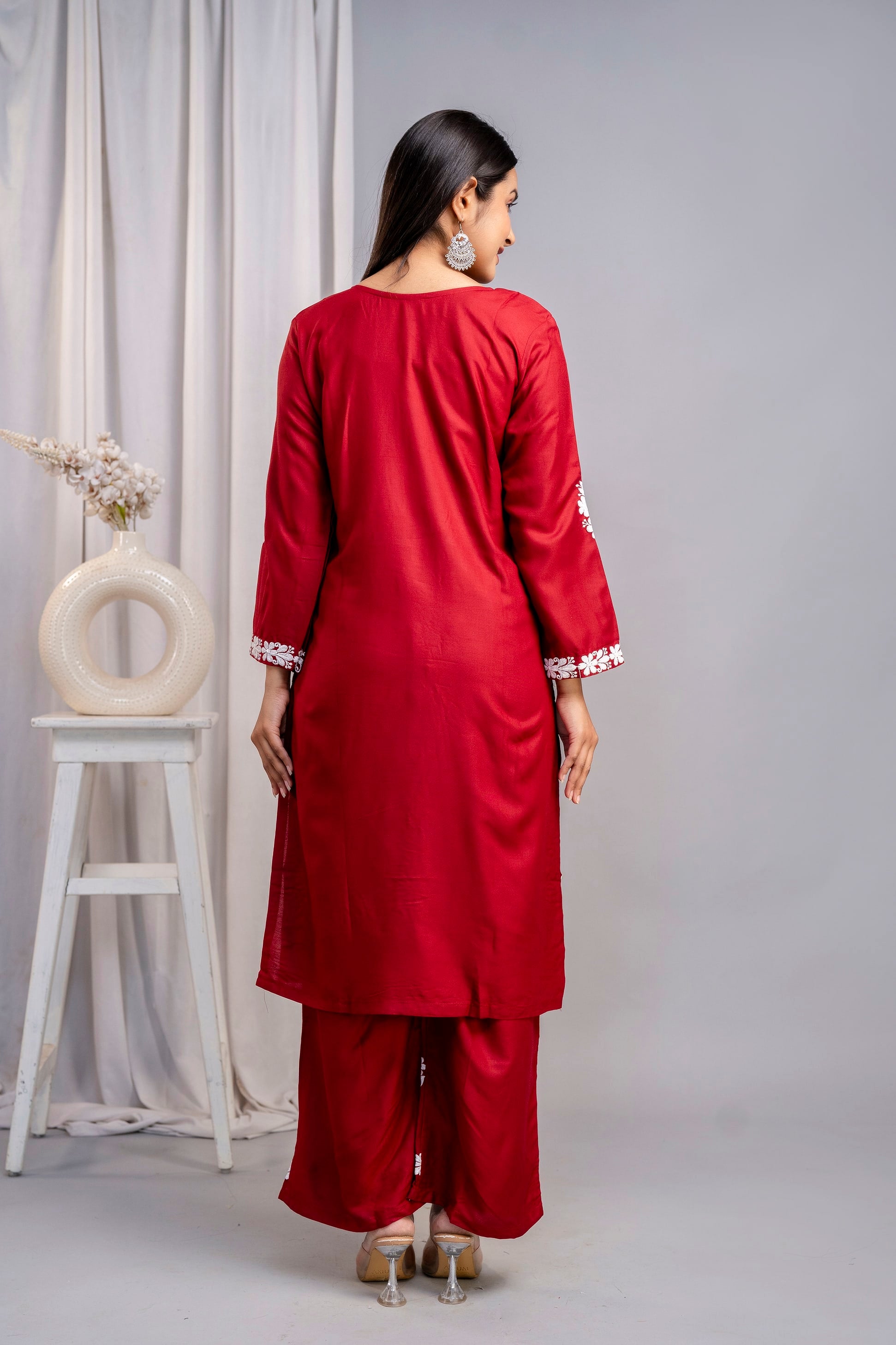 MAROON Women's Exclusive Kurti & Palazzo Set on Pure Rayon Fabric Chikan Suit