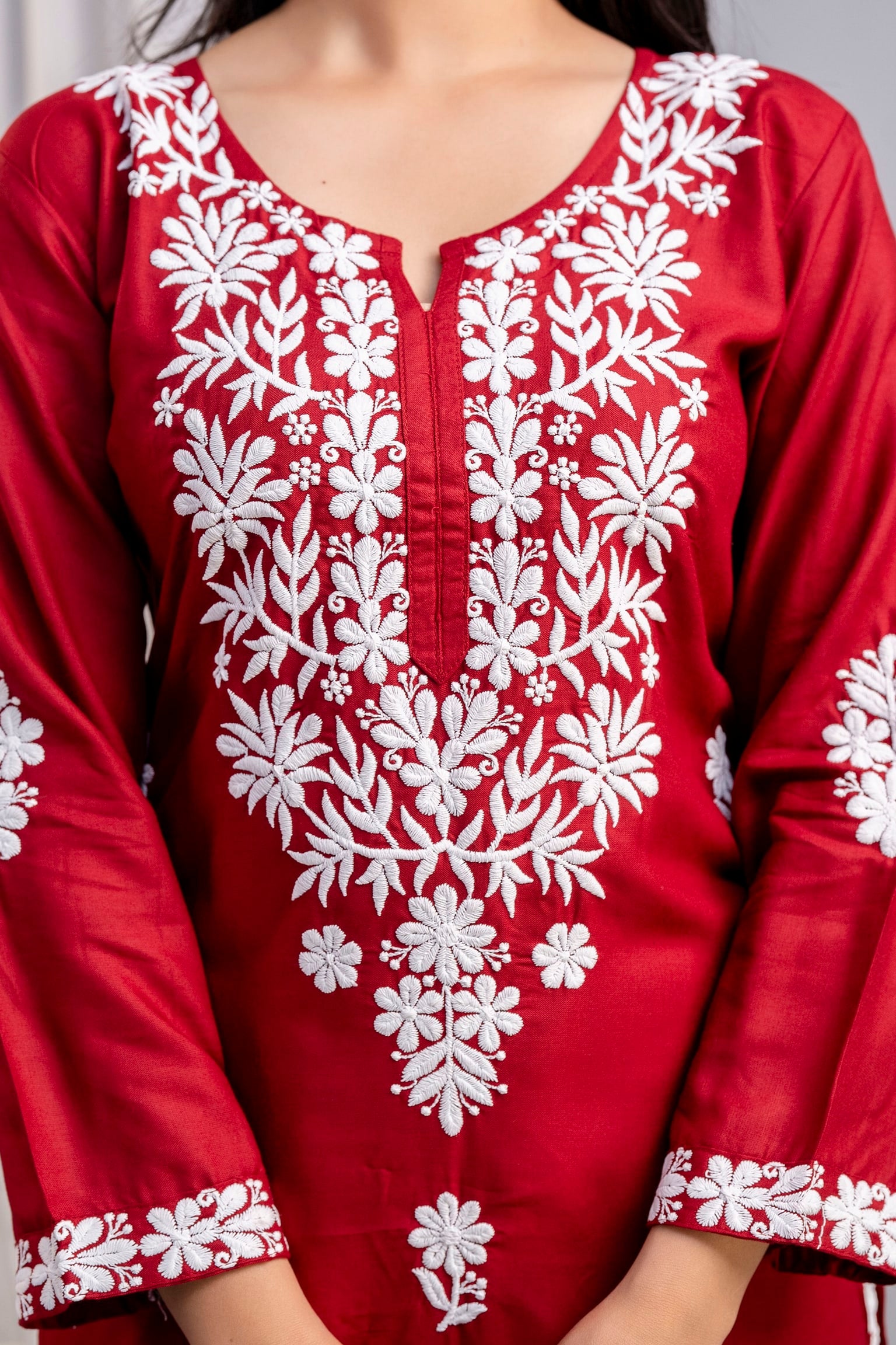 MAROON Women's Exclusive Kurti & Palazzo Set on Pure Rayon Fabric Chikan Suit