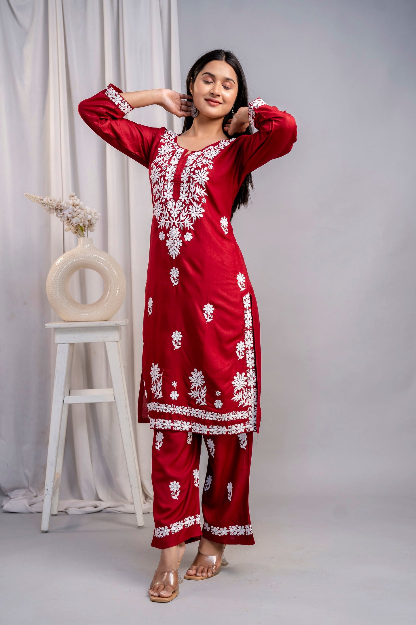 MAROON Women's Exclusive Kurti & Palazzo Set on Pure Rayon Fabric Chikan Suit