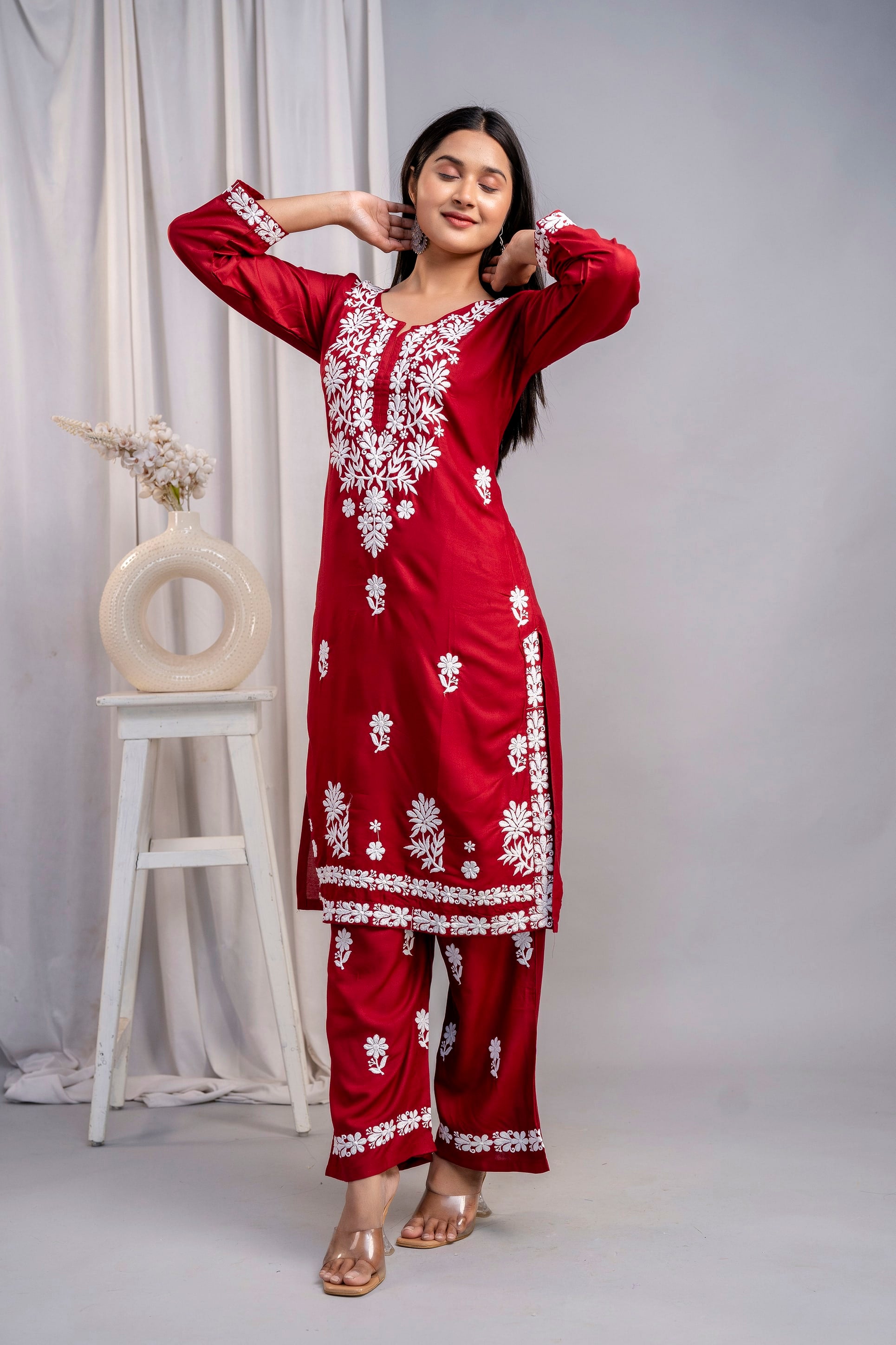 MAROON Women's Exclusive Kurti & Palazzo Set on Pure Rayon Fabric Chikan Suit