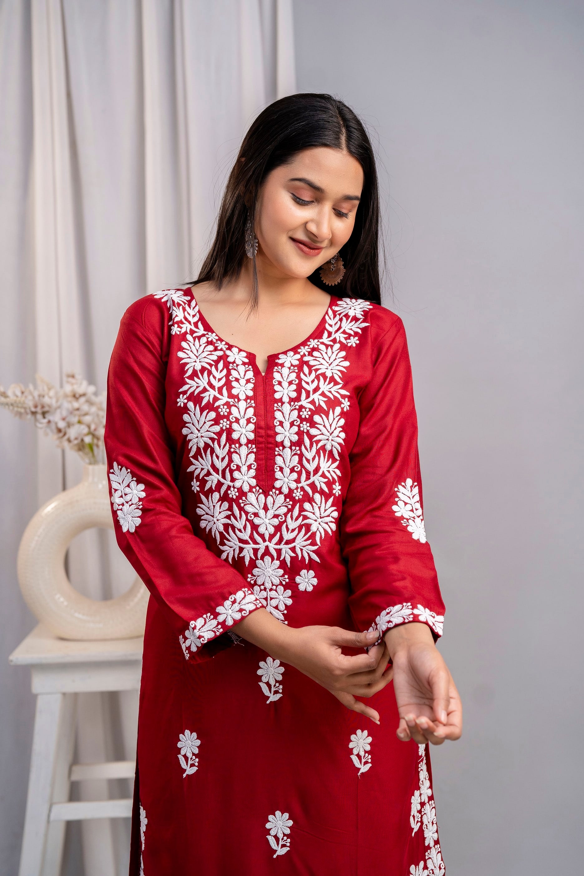 MAROON Women's Exclusive Kurti & Palazzo Set on Pure Rayon Fabric Chikan Suit