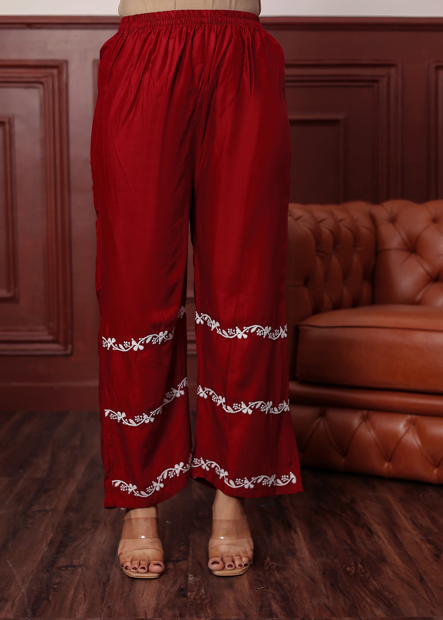 MAROON Women's rayon chikankari work straight kurta palazzo set for women