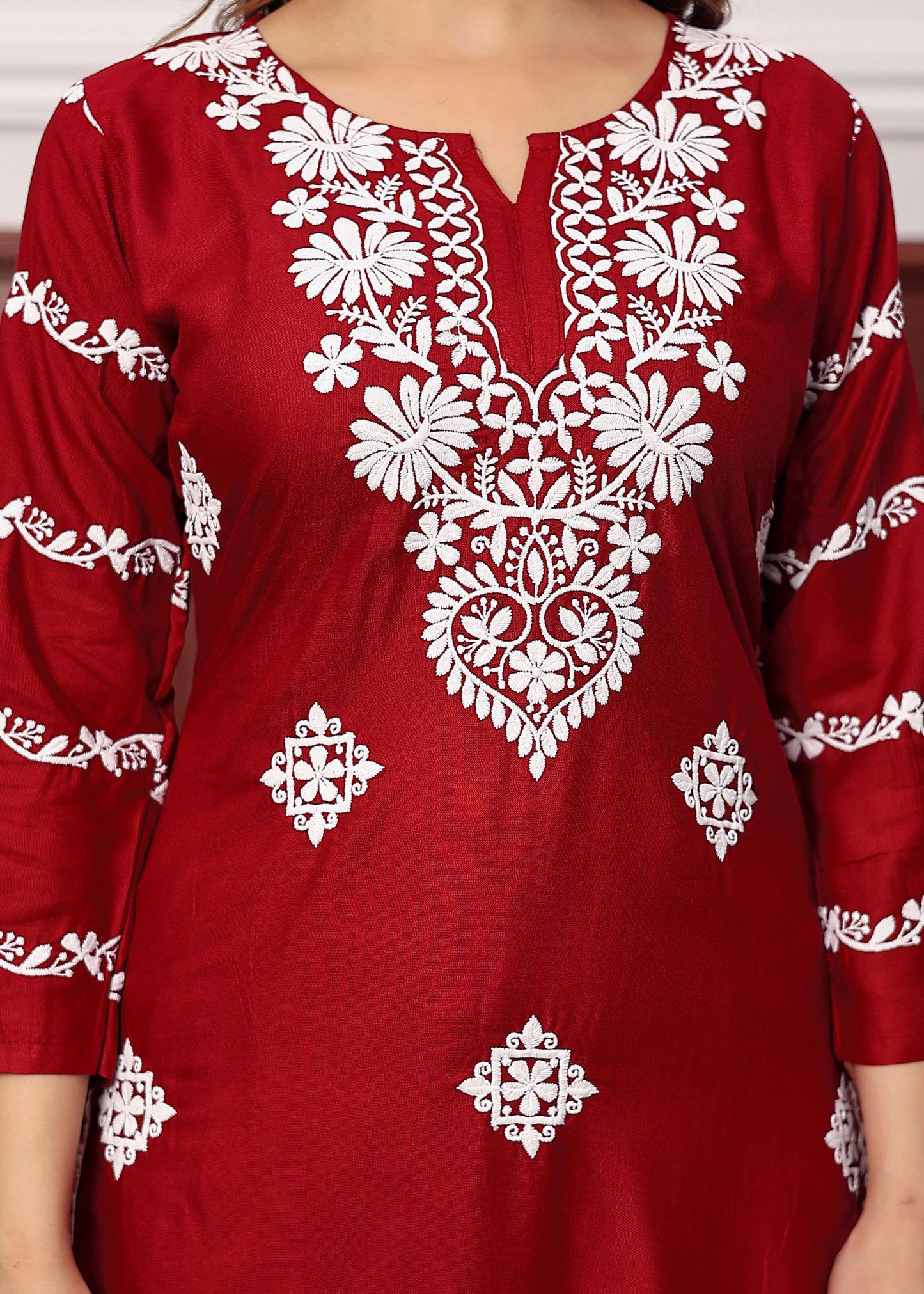 MAROON Women's rayon chikankari work straight kurta palazzo set for women