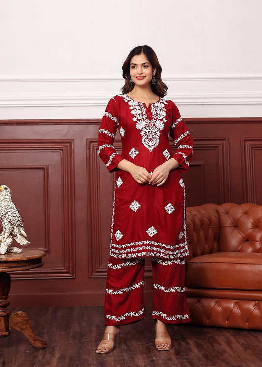 MAROON Women's rayon chikankari work straight kurta palazzo set for women