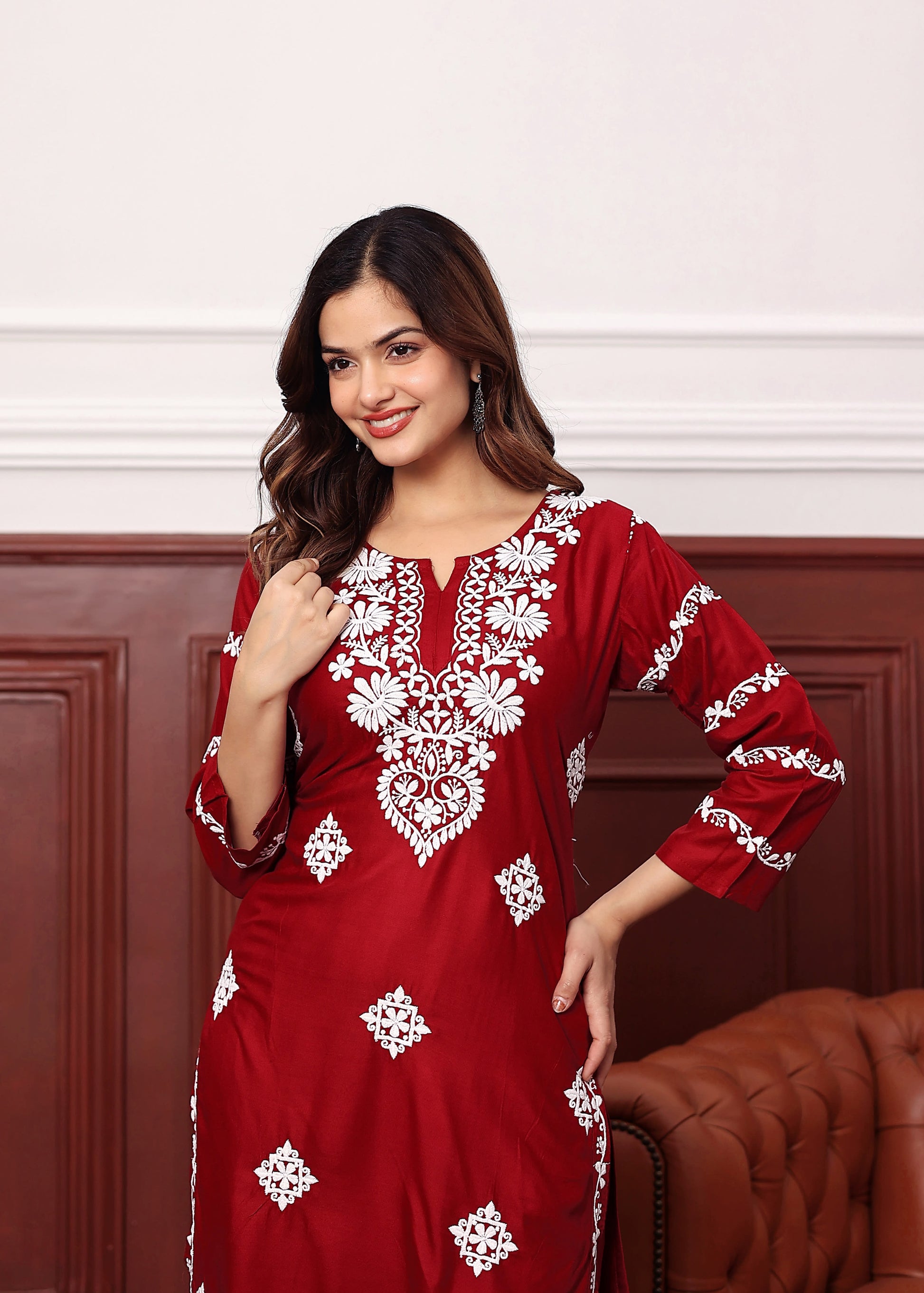 MAROON Women's rayon chikankari work straight kurta palazzo set for women