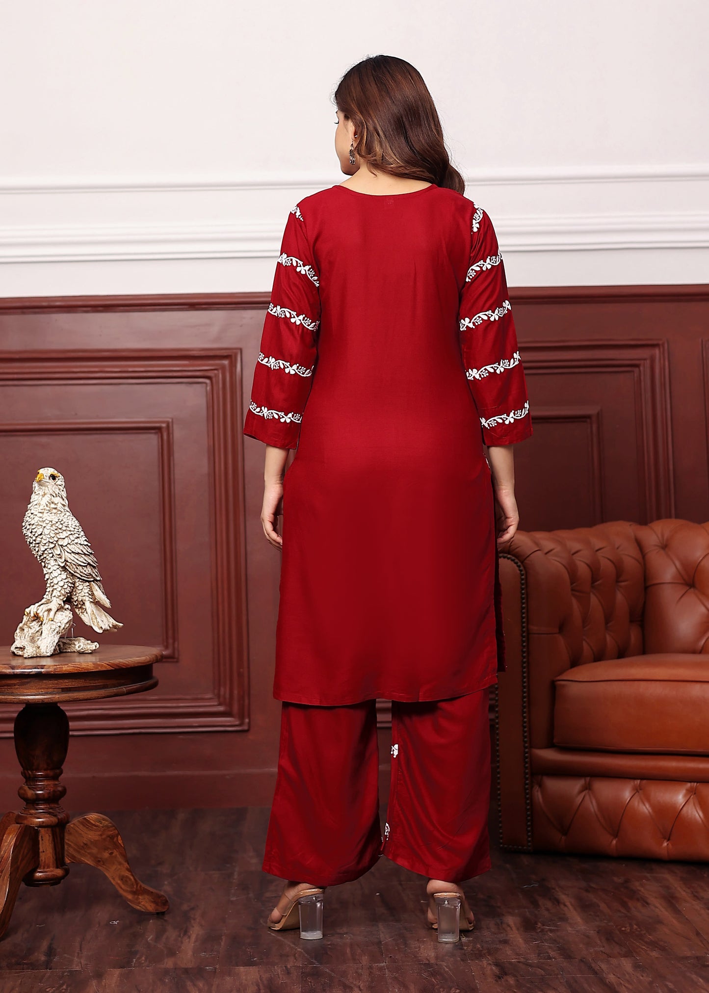 MAROON Women's rayon chikankari work straight kurta palazzo set for women