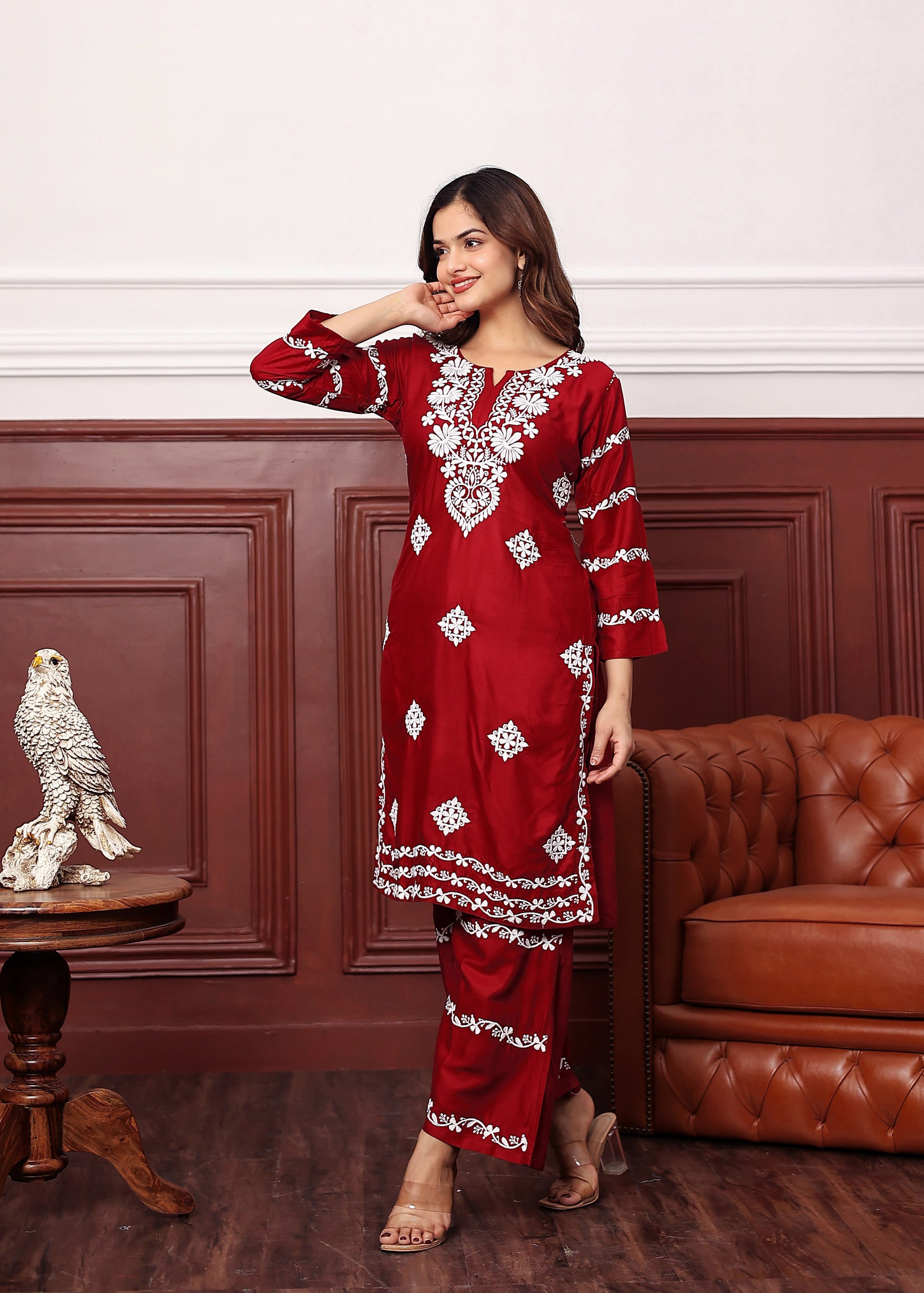 MAROON Women's rayon chikankari work straight kurta palazzo set for women