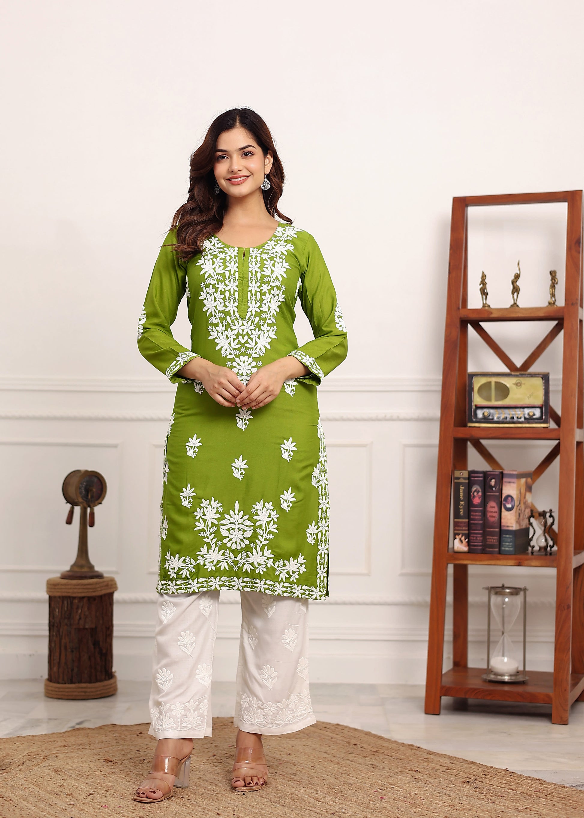MEHNDI Elegant Chikankari Below Knee Length Kurti Plazo Set Perfect For All Occasion