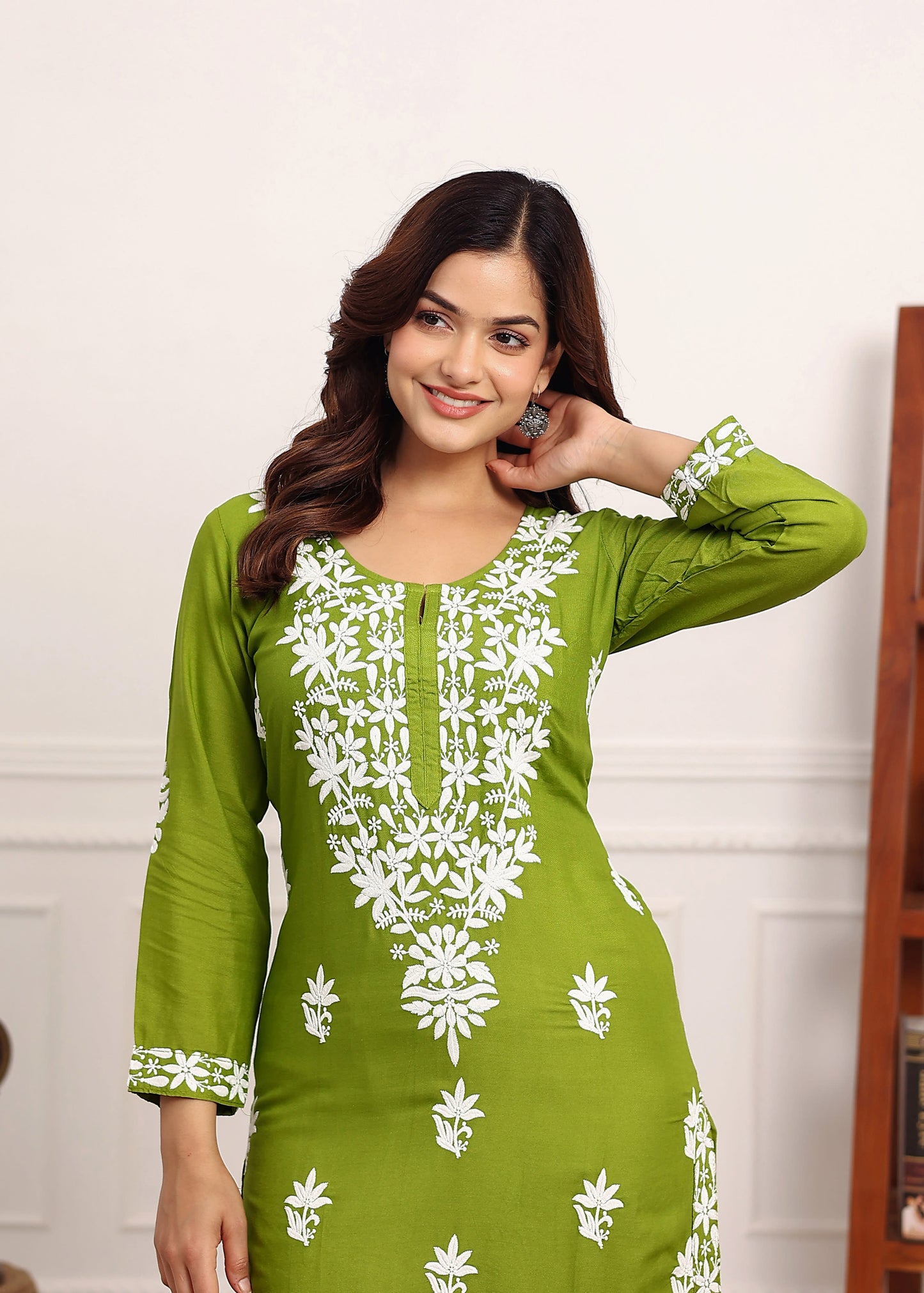 MEHNDI Elegant Chikankari Below Knee Length Kurti Plazo Set Perfect For All Occasion