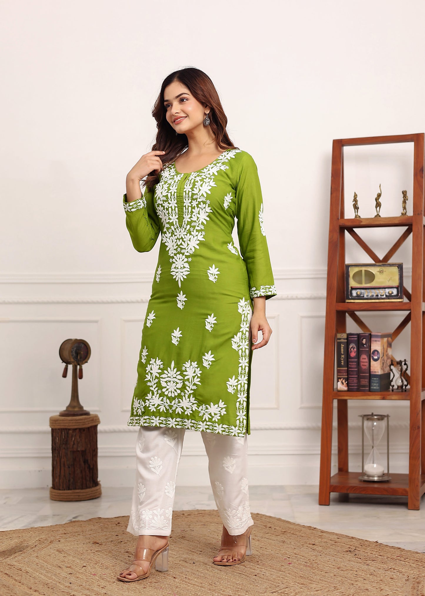 MEHNDI Elegant Chikankari Below Knee Length Kurti Plazo Set Perfect For All Occasion