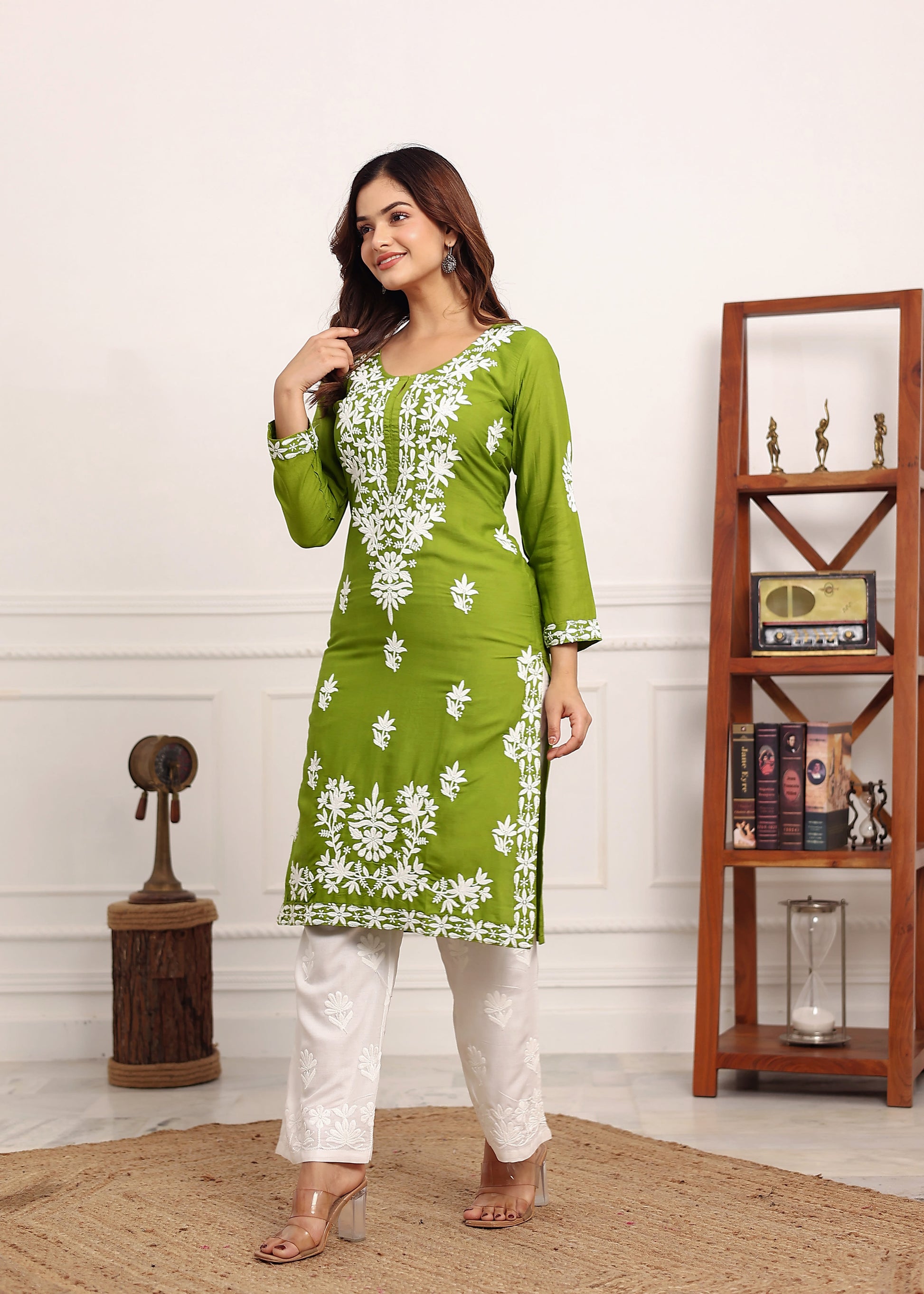 MEHNDI Elegant Chikankari Below Knee Length Kurti Plazo Set Perfect For All Occasion
