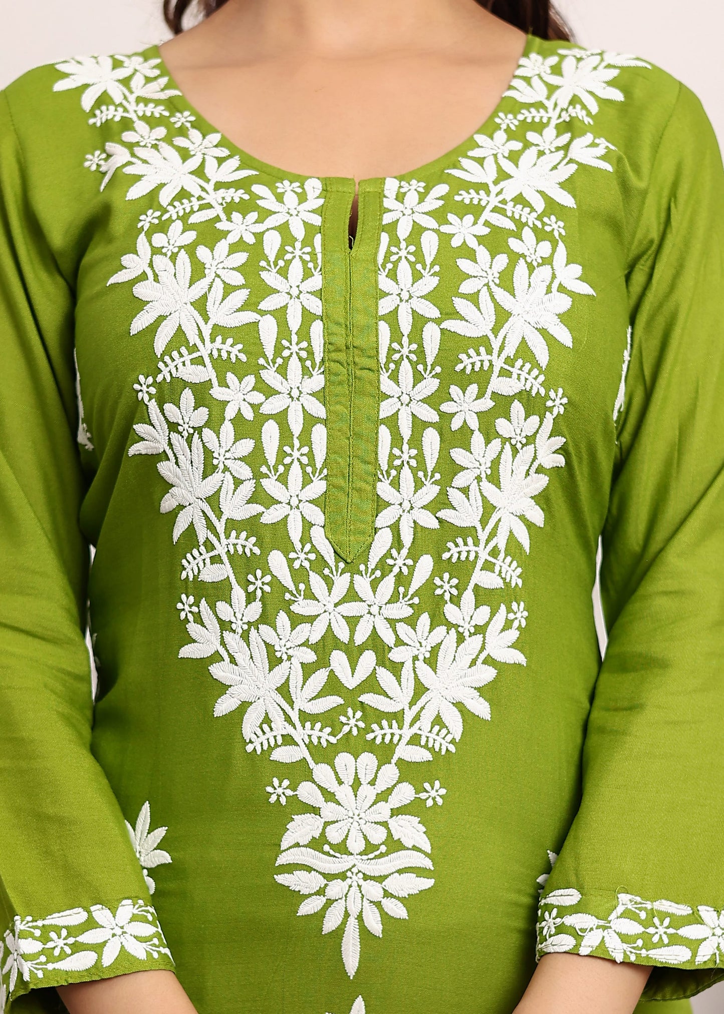 MEHNDI Elegant Chikankari Below Knee Length Kurti Plazo Set Perfect For All Occasion