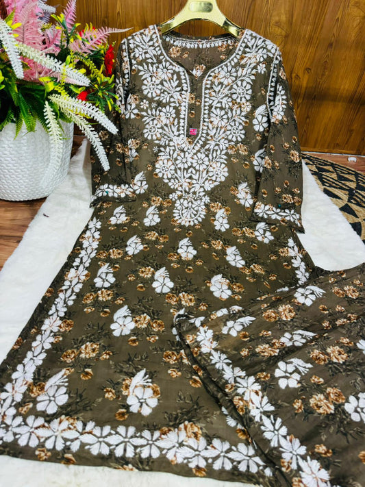 MEHNDI Lucknowi Chikankari Premium Mal Mal Latest Print Design Plazo Set