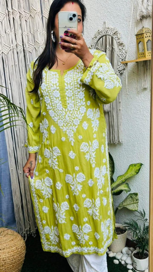 MEHNDI PURE RAYON ROSE MODAL KURTI WITH HEAVY WORK ON DAMAN AND SLEEVES AND PLAZZO SET