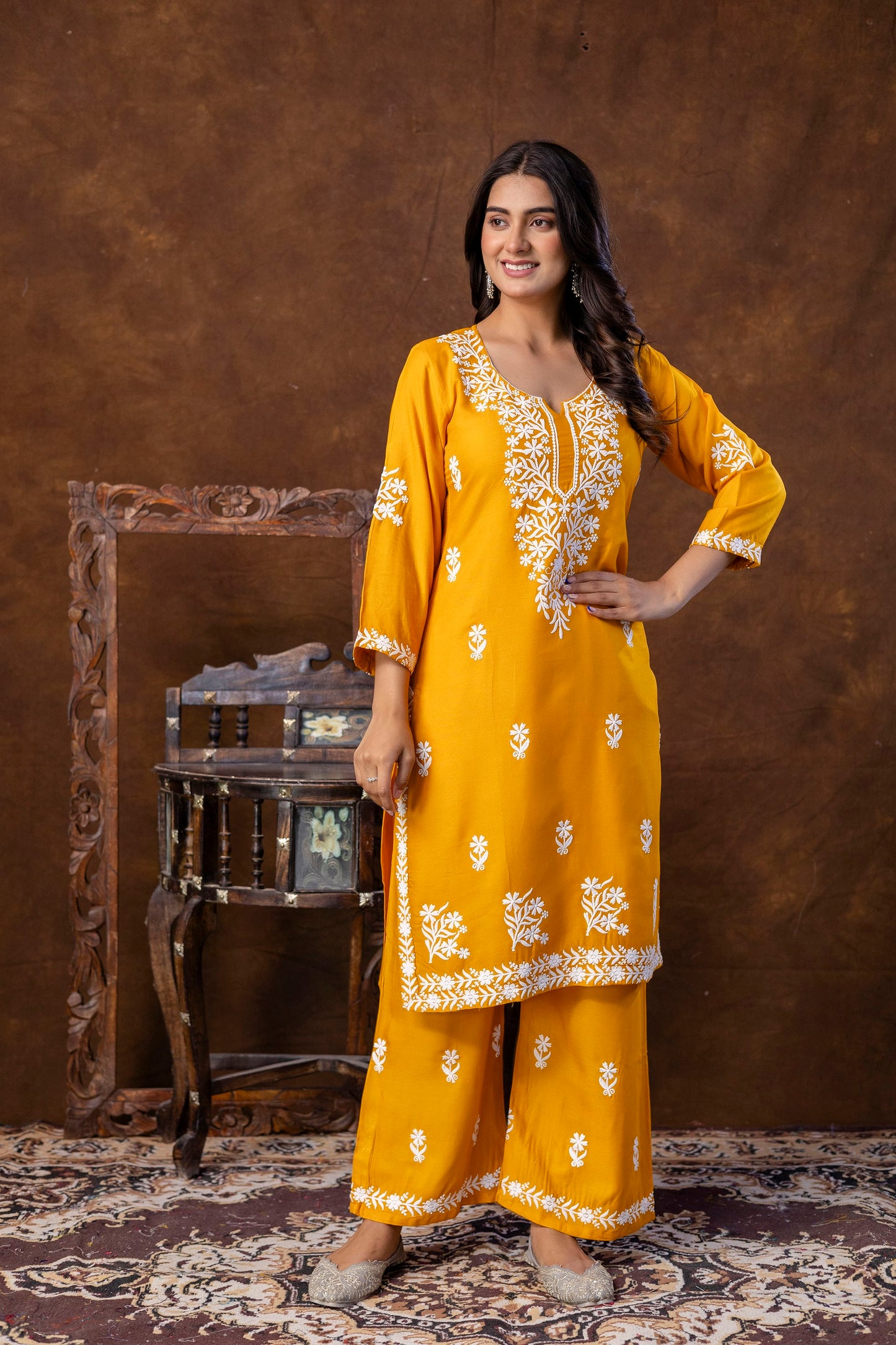 MUSTER Women Embroidered Straight Kurta & Palazzos Set
