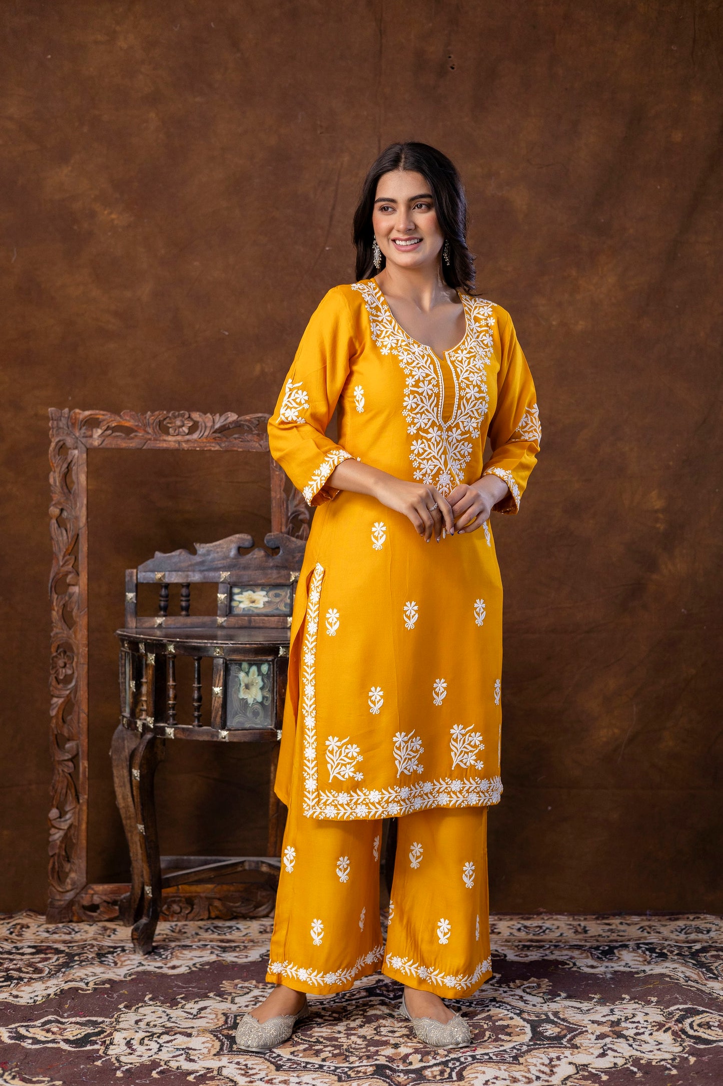 MUSTER Women Embroidered Straight Kurta & Palazzos Set
