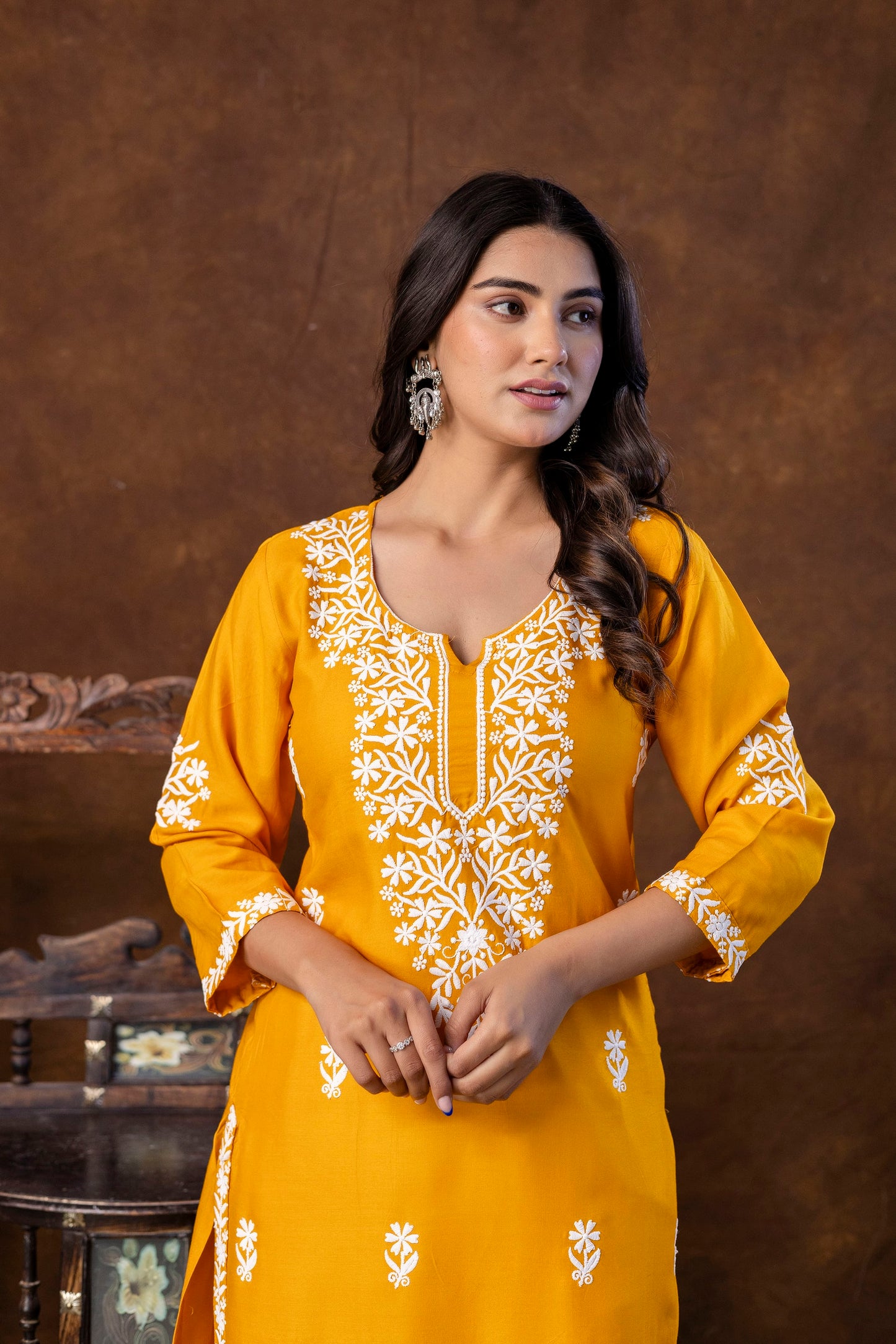 MUSTER Women Embroidered Straight Kurta & Palazzos Set
