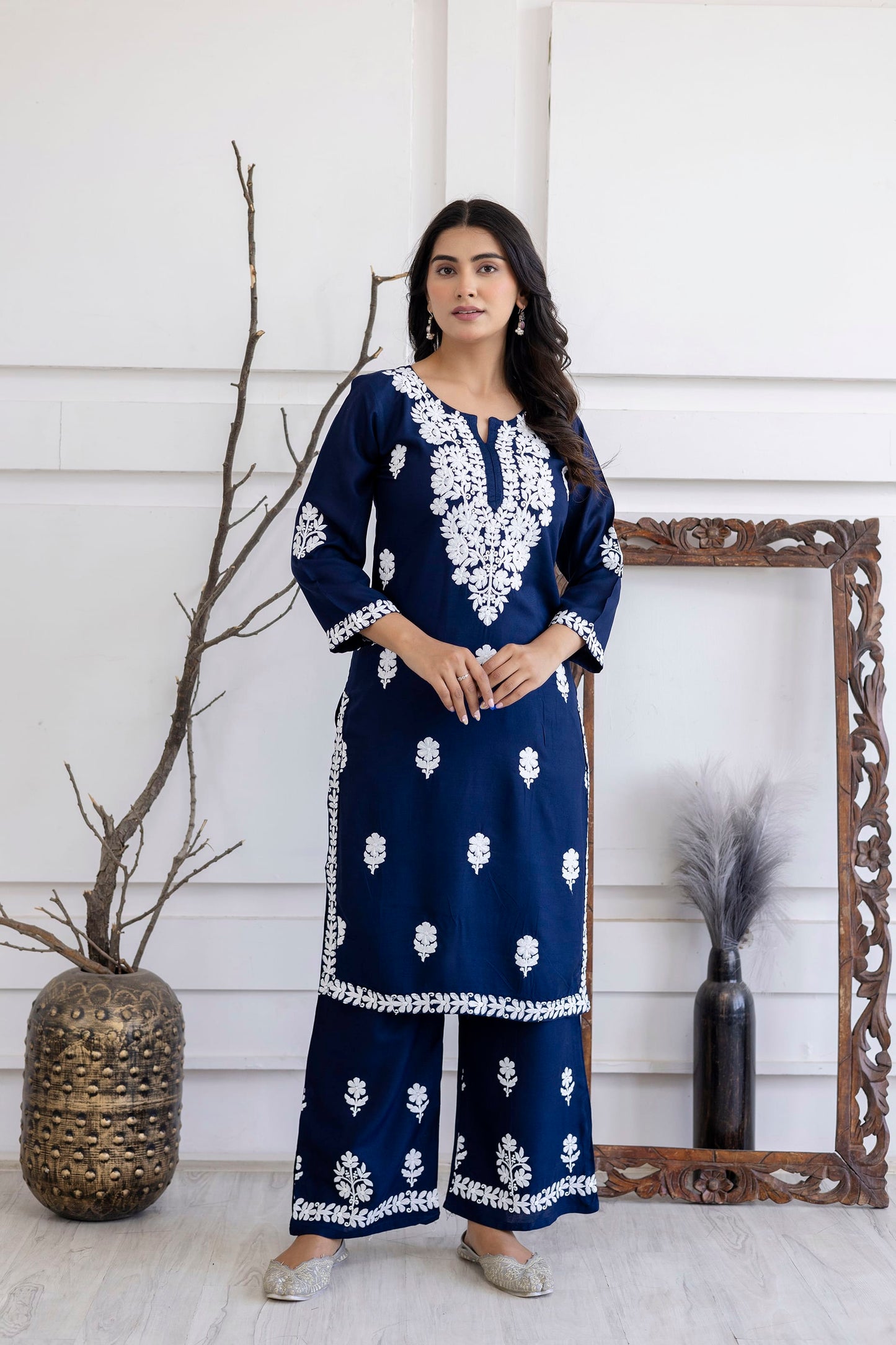 NEVY BLUE  Women Rayon Embroidered Kurta Set