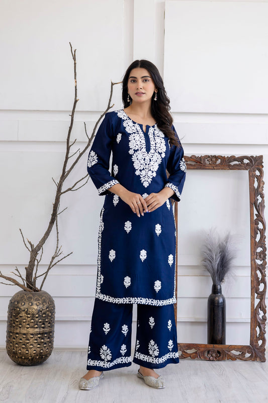 NEVY BLUE  Women Rayon Embroidered Kurta Set
