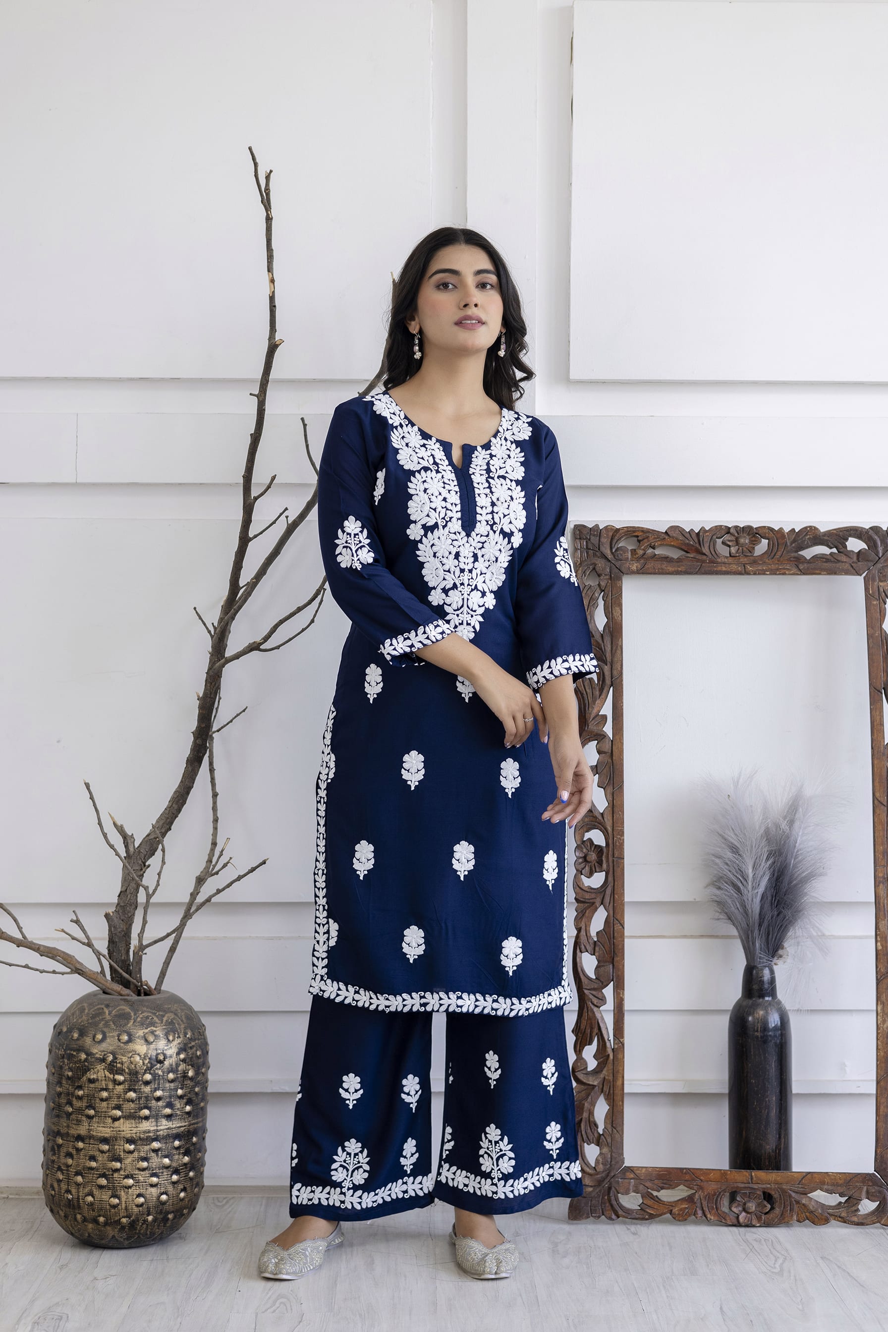 NEVY BLUE  Women Rayon Embroidered Kurta Set