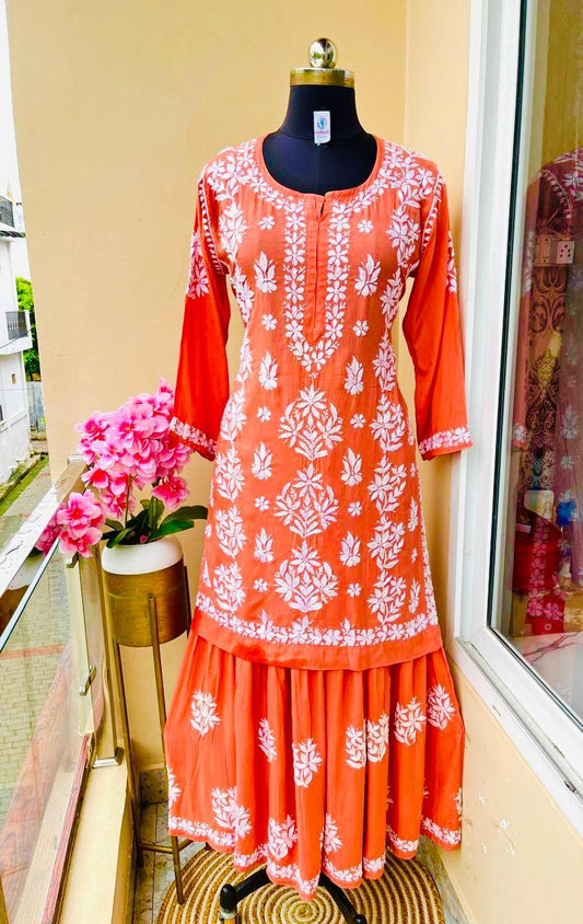 ORANGE Beautiful Chikankari modal kurti garara set