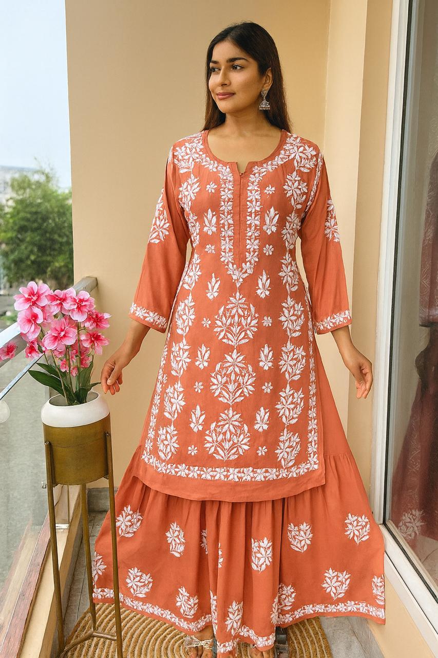 ORANGE NEW STYLISH KURTA AND SARARA SET