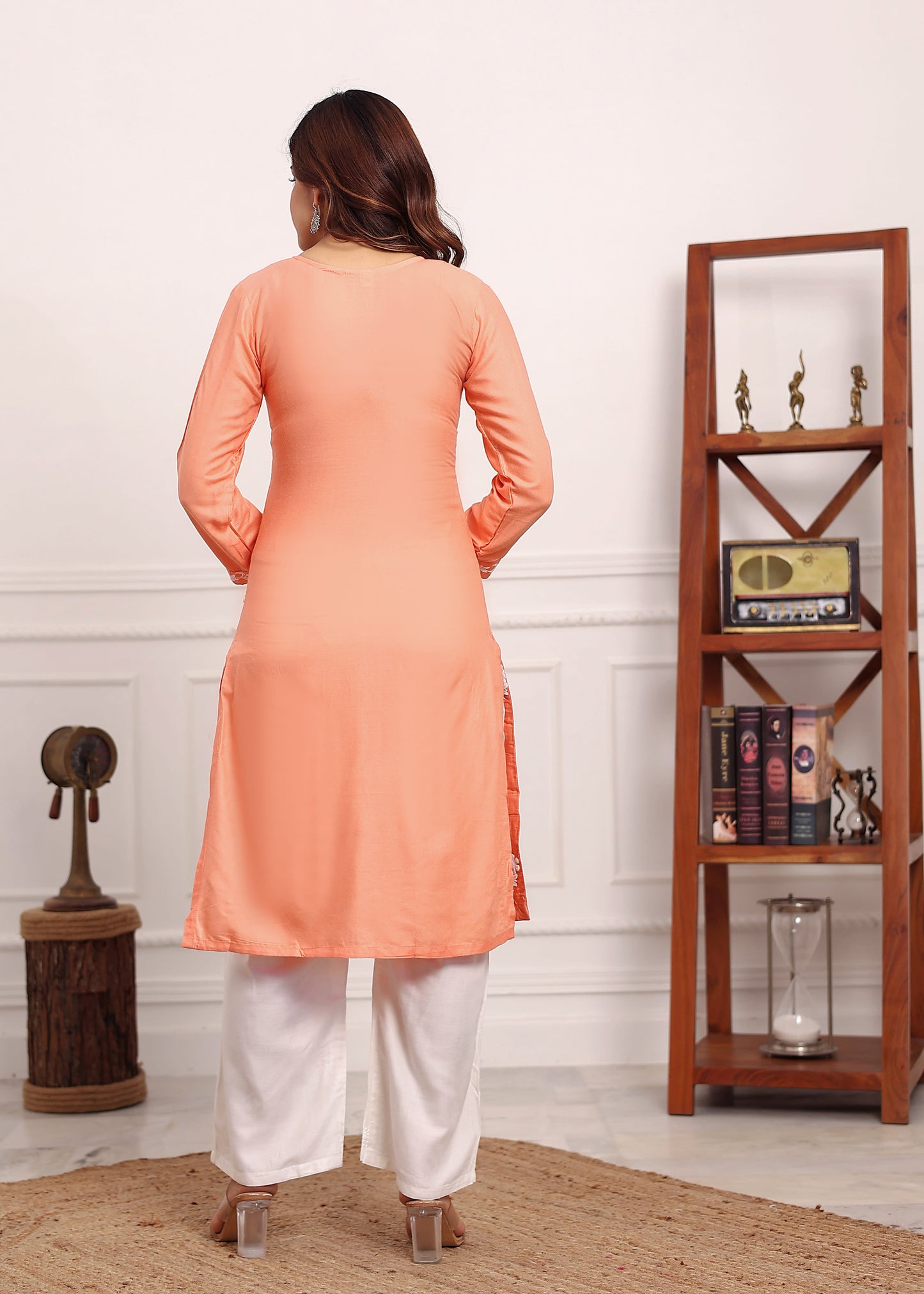 PEACH Chikan Kurta for Women Rayon Straight Chikankari Kurti And White Plazo Set