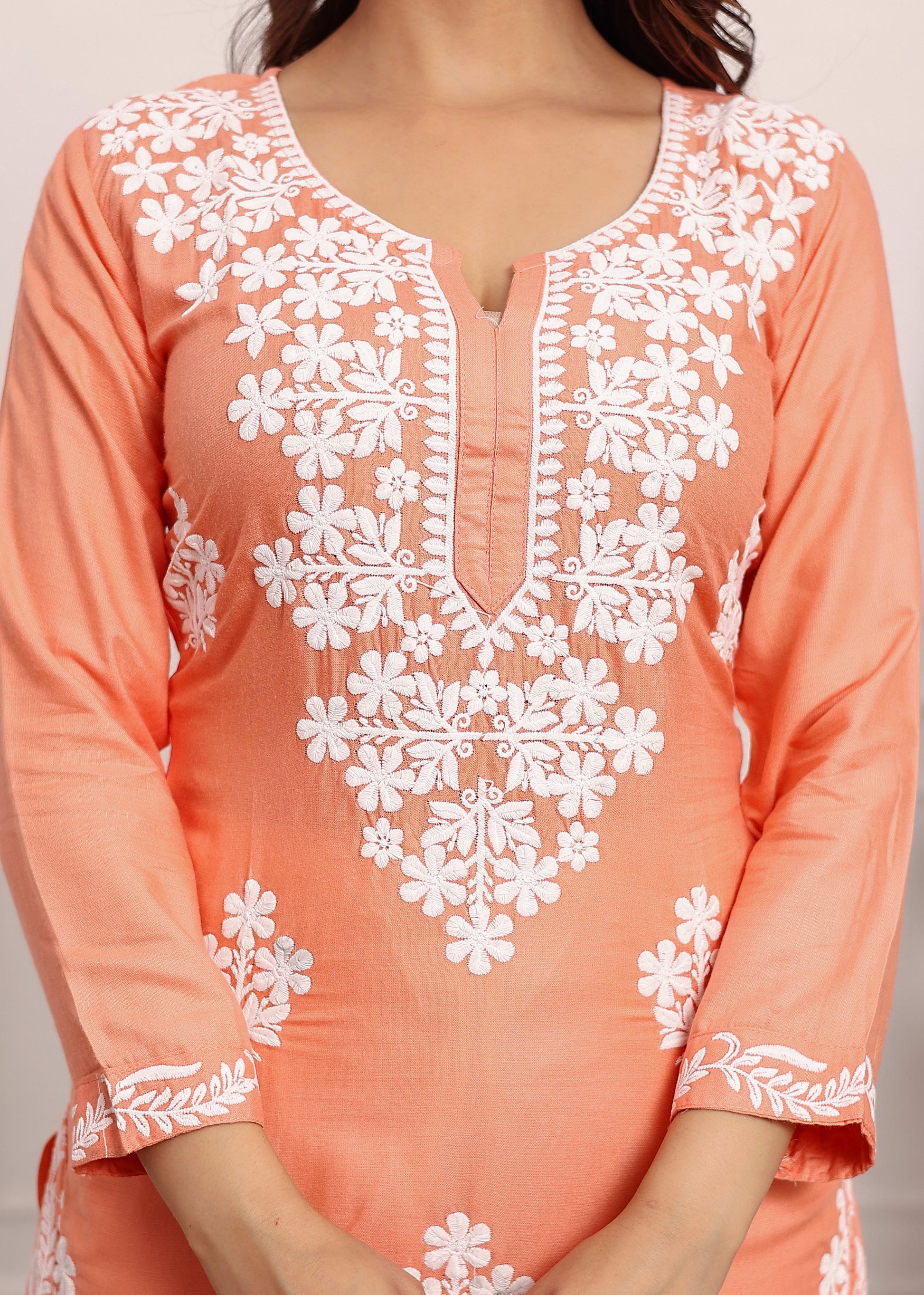 PEACH Chikan Kurta for Women Rayon Straight Chikankari Kurti And White Plazo Set
