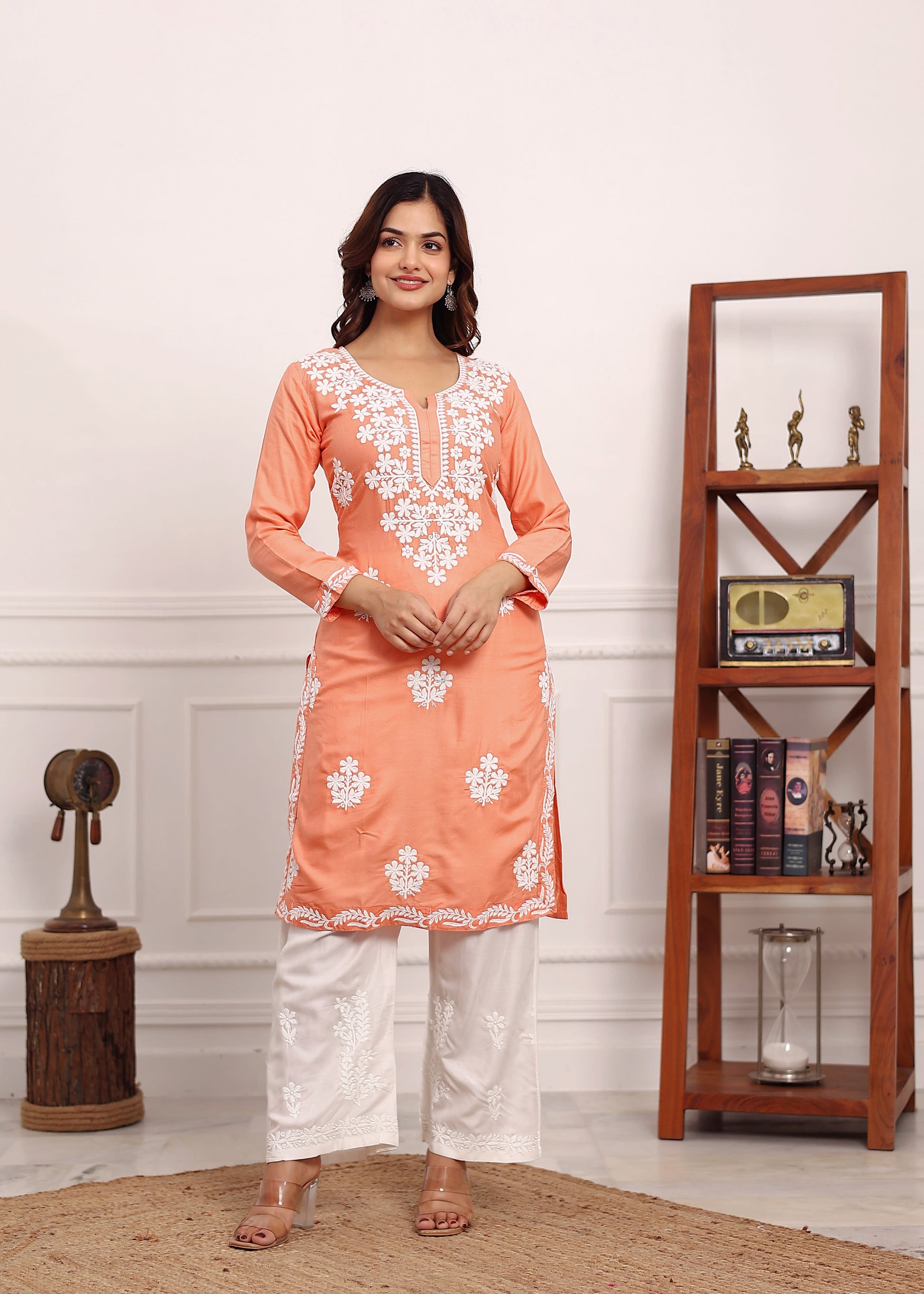 PEACH Chikan Kurta for Women Rayon Straight Chikankari Kurti And White Plazo Set