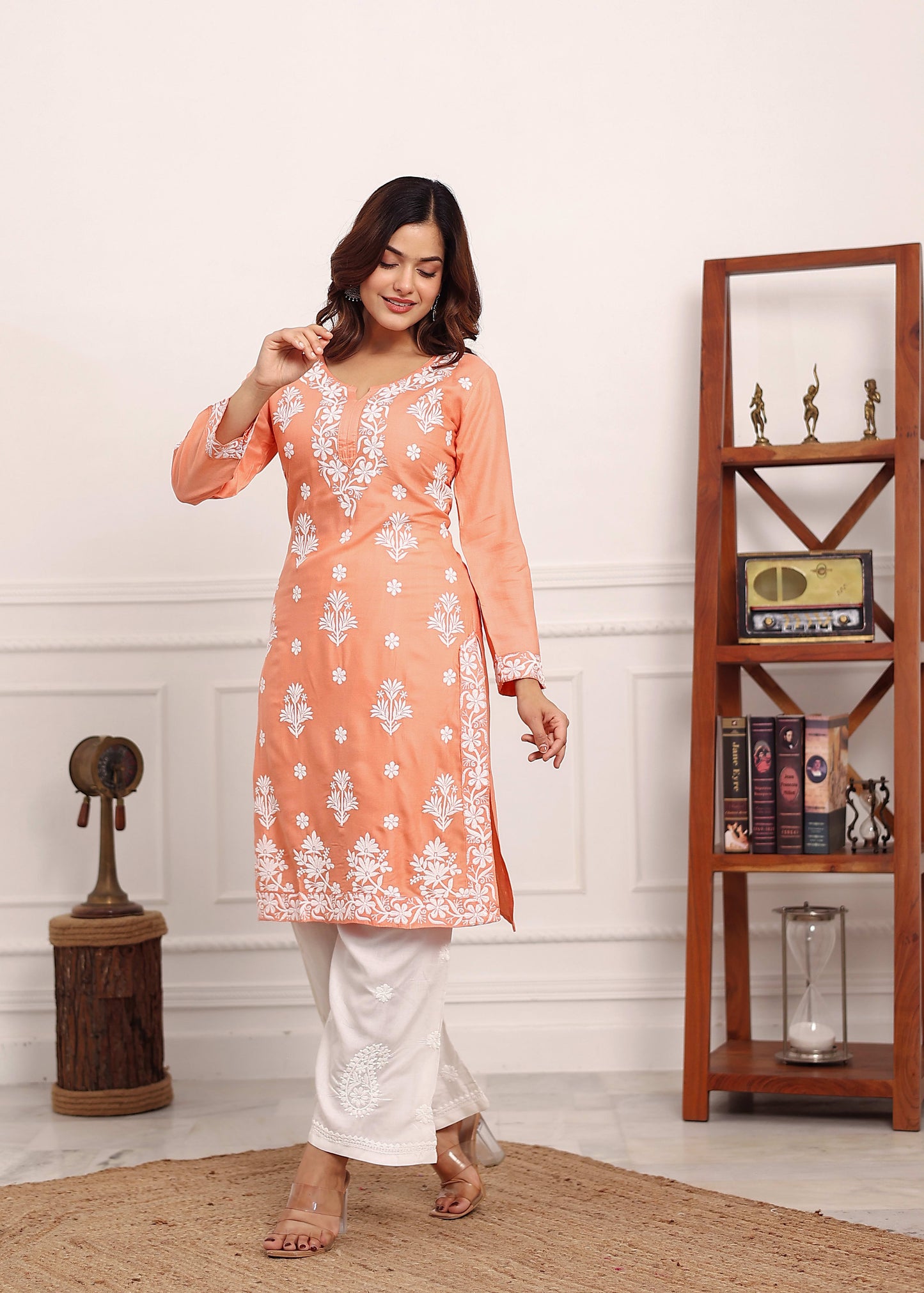 PEACH Embroidered Chikan Kurta with plazzo ethnic Indian wear- Chikankari Work