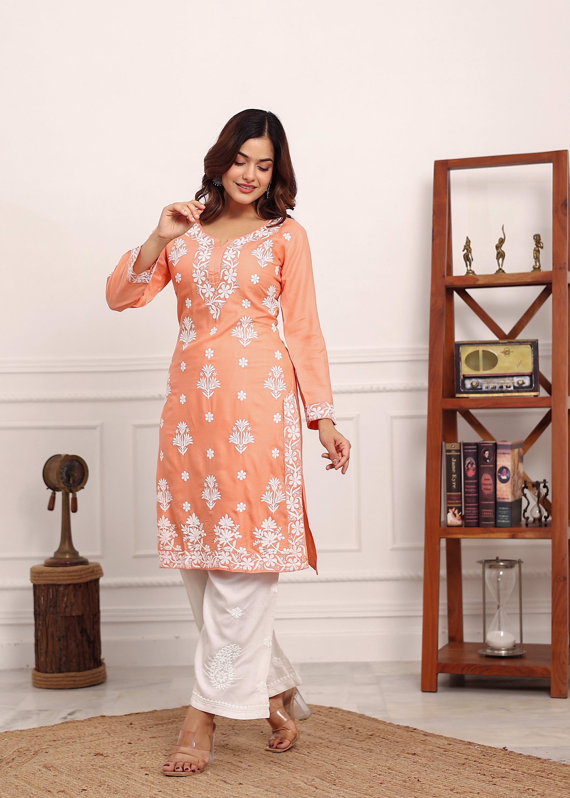 PEACH Embroidered Chikan Kurta with plazzo ethnic Indian wear- Chikankari Work