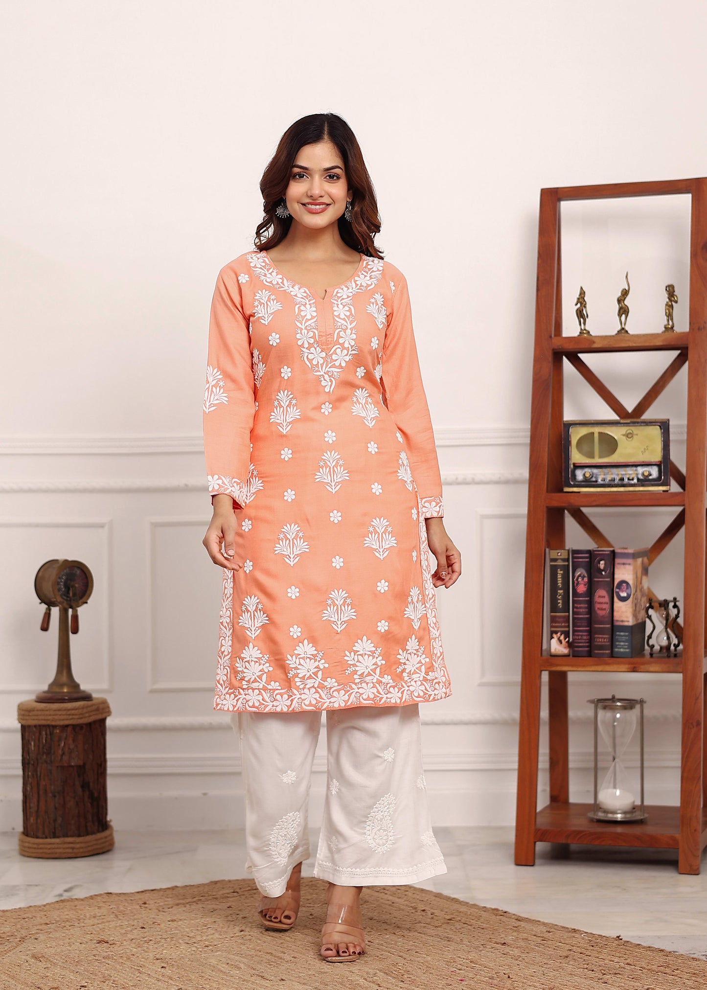 PEACH Embroidered Chikan Kurta with plazzo ethnic Indian wear- Chikankari Work
