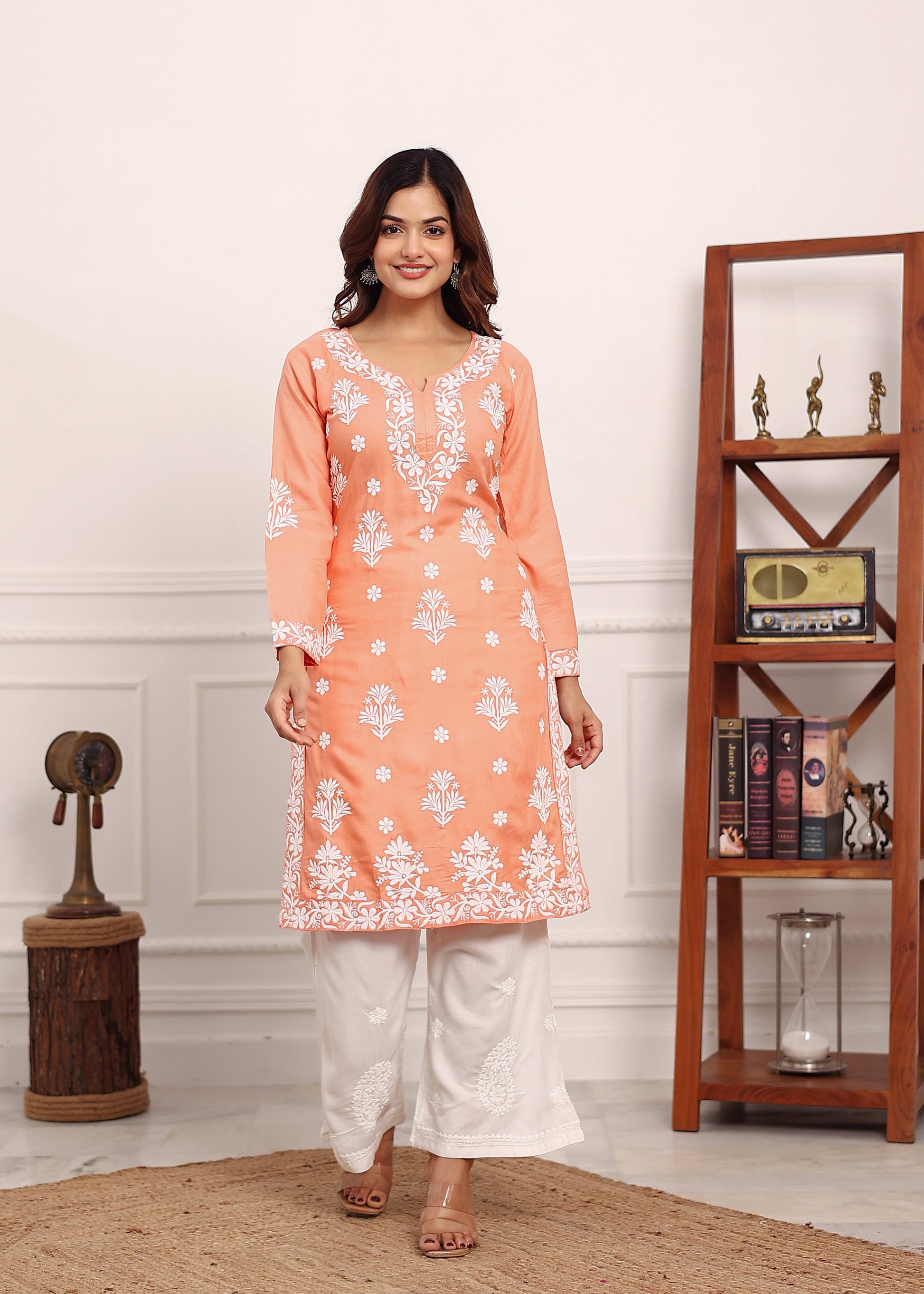 PEACH Embroidered Chikan Kurta with plazzo ethnic Indian wear- Chikankari Work