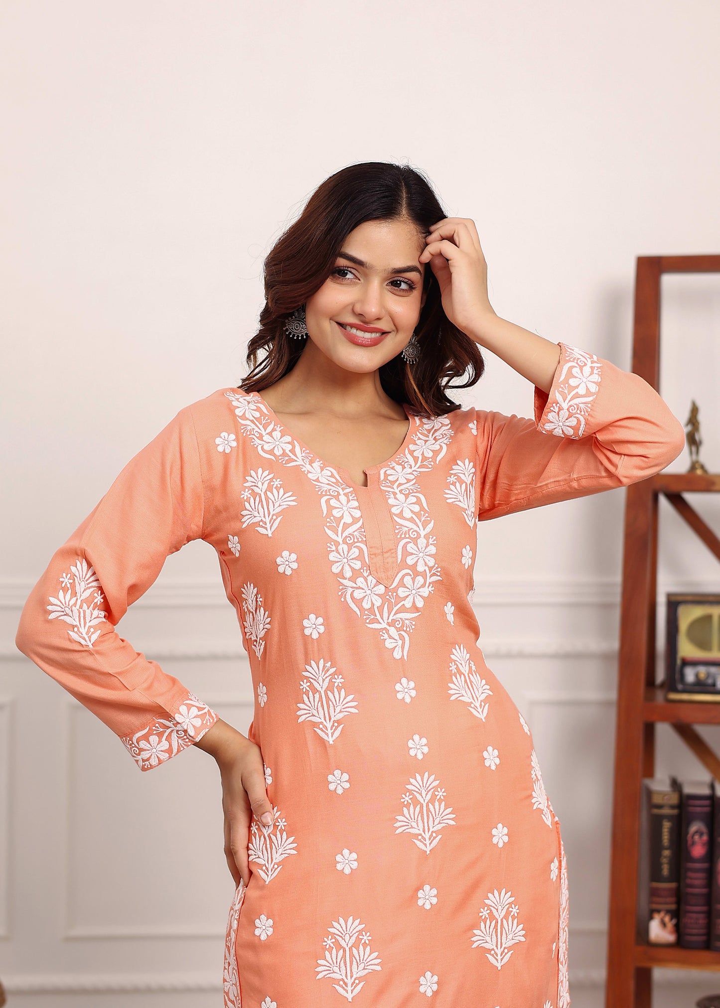 PEACH Embroidered Chikan Kurta with plazzo ethnic Indian wear- Chikankari Work