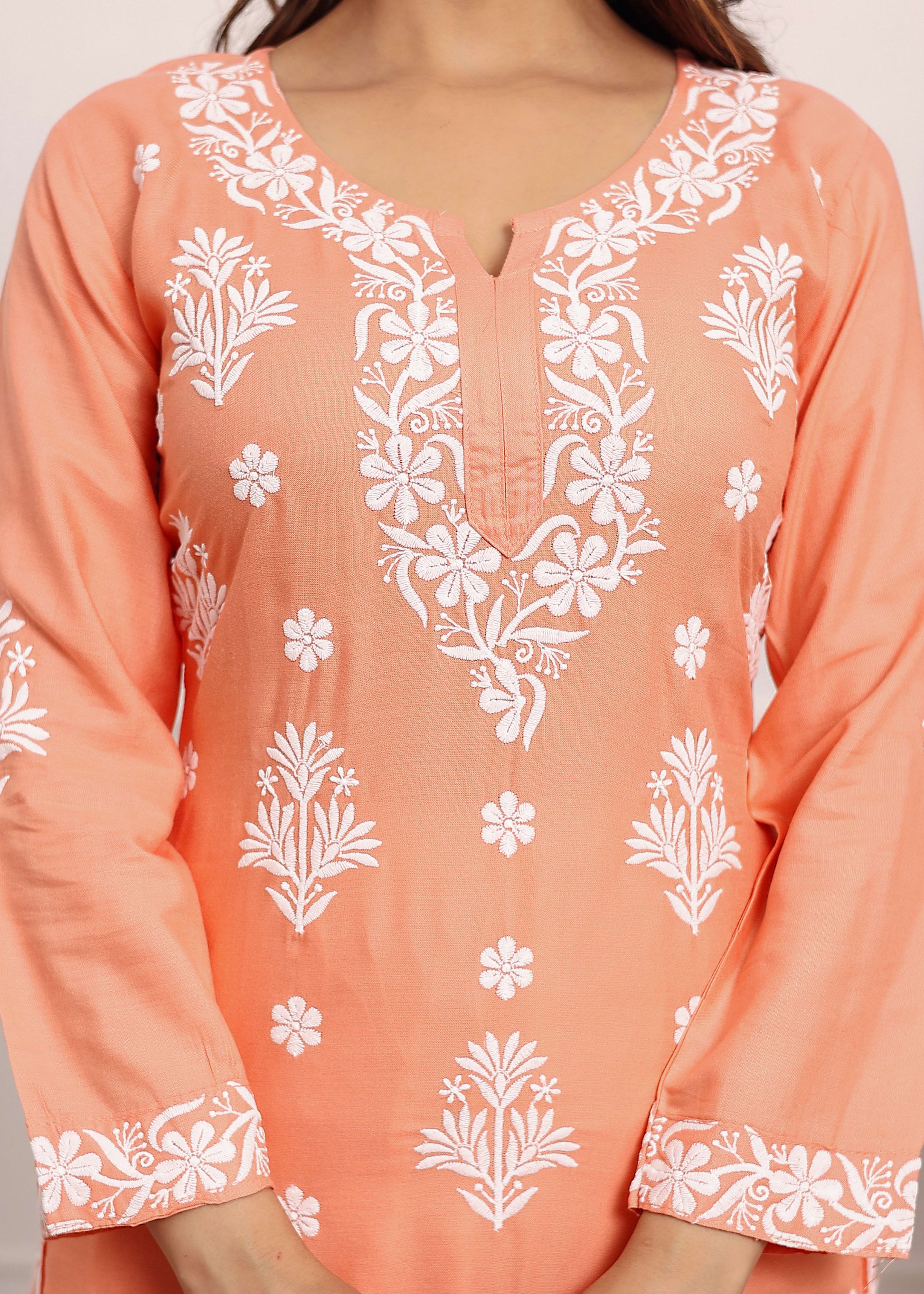 PEACH Embroidered Chikan Kurta with plazzo ethnic Indian wear- Chikankari Work
