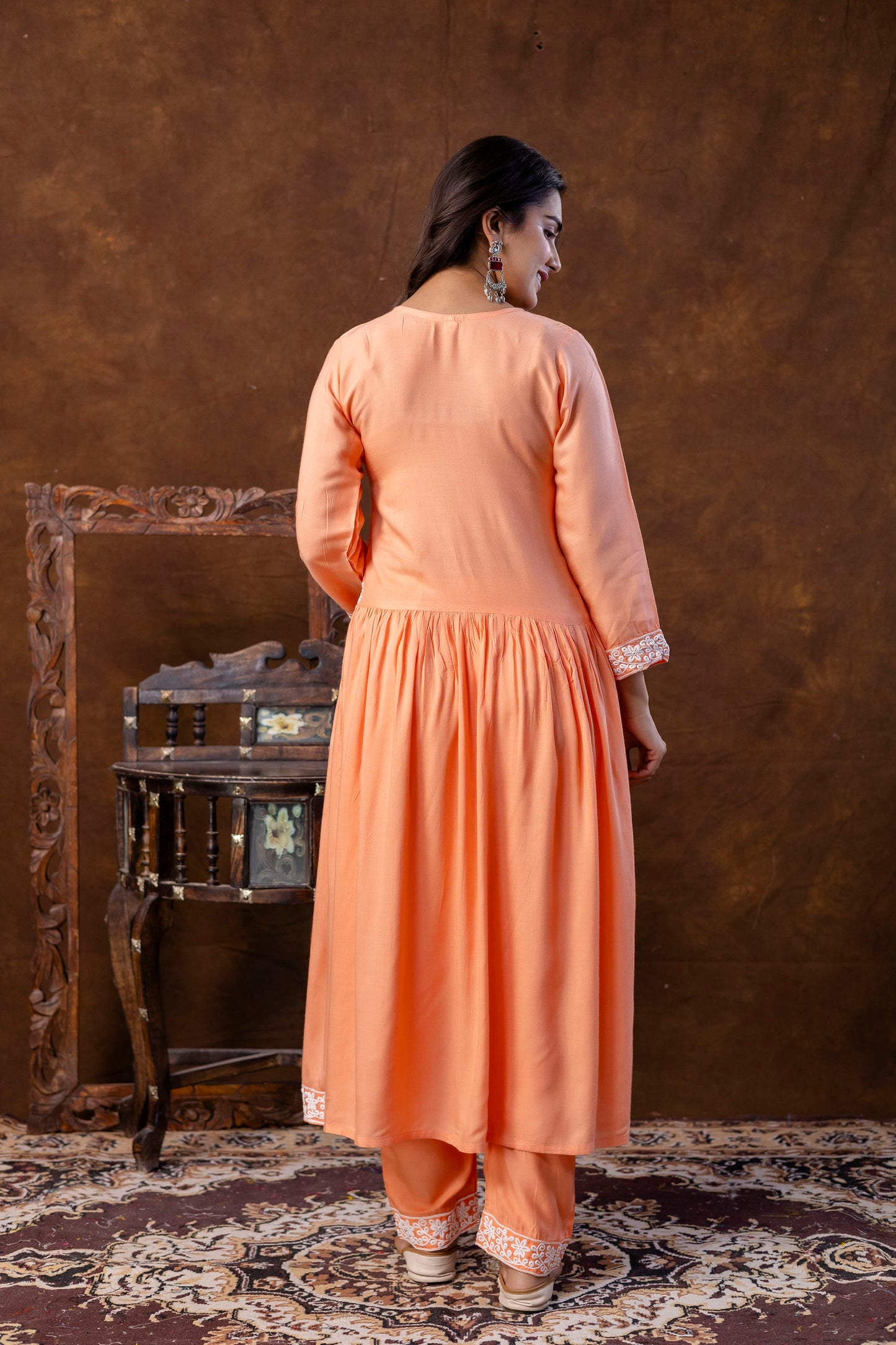 PEACH Women Embroidered Fashionable Printed || Naira Cut Kurta, Pant and Dupatta Set for Wedding, Party & Festivals