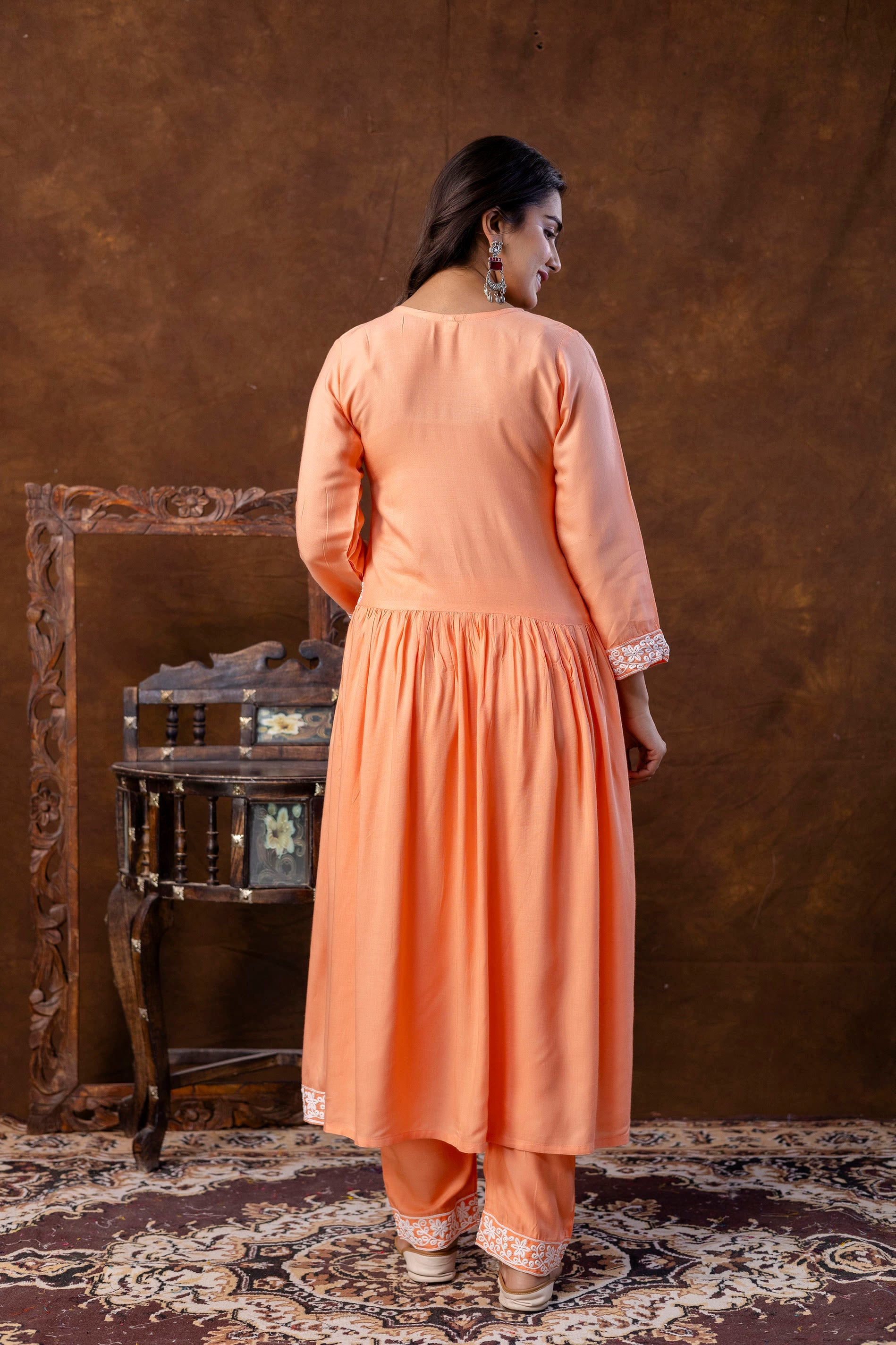 PEACH Women Embroidered Fashionable Printed || Naira Cut Kurta, Pant and Dupatta Set for Wedding, Party & Festivals