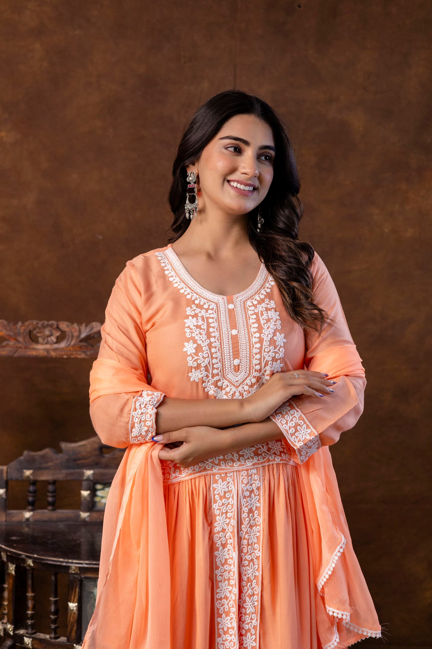 PEACH Women Embroidered Fashionable Printed || Naira Cut Kurta, Pant and Dupatta Set for Wedding, Party & Festivals