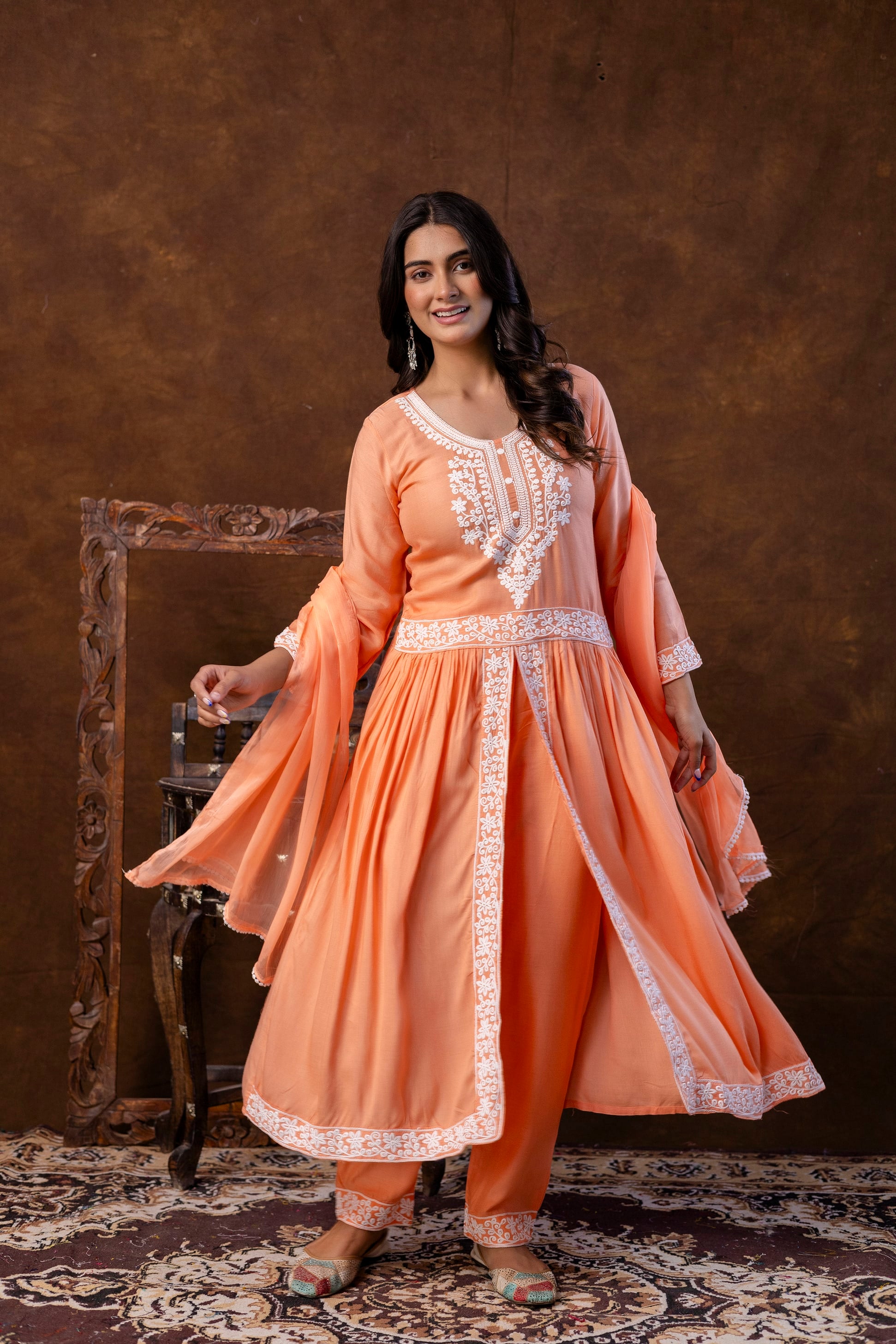 PEACH Women Embroidered Fashionable Printed || Naira Cut Kurta, Pant and Dupatta Set for Wedding, Party & Festivals