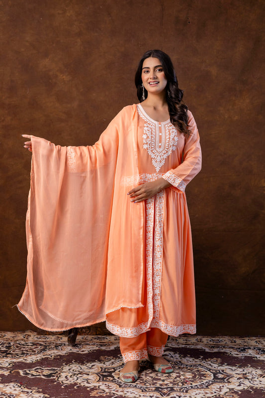 PEACH Women Embroidered Fashionable Printed || Naira Cut Kurta, Pant and Dupatta Set for Wedding, Party & Festivals