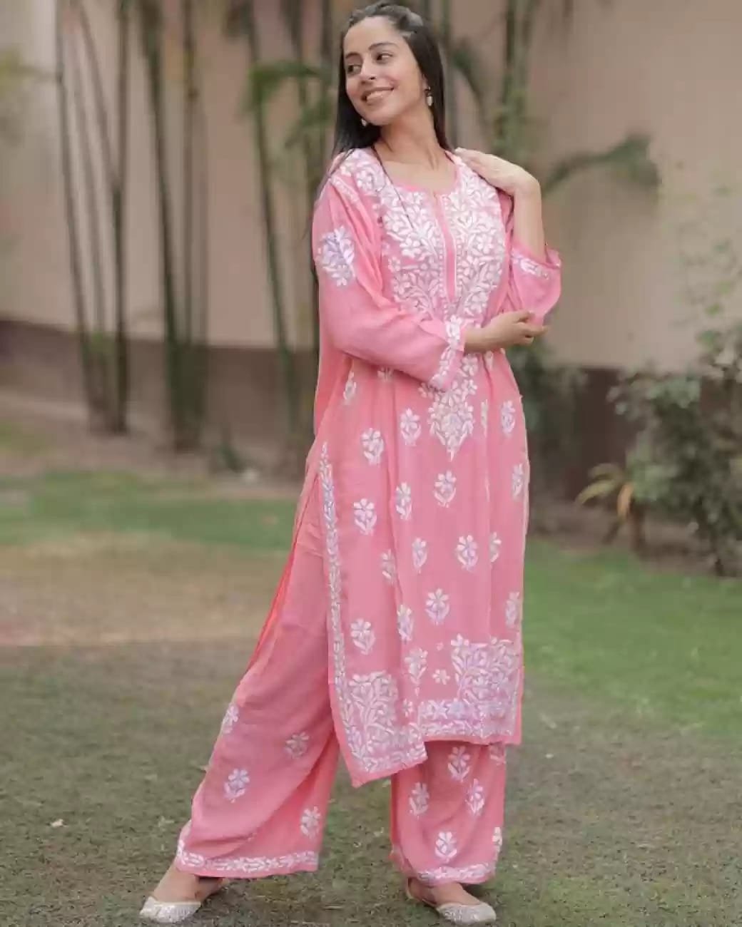 PEACH Women Embroidery Chikankari Kurti Plazzo set