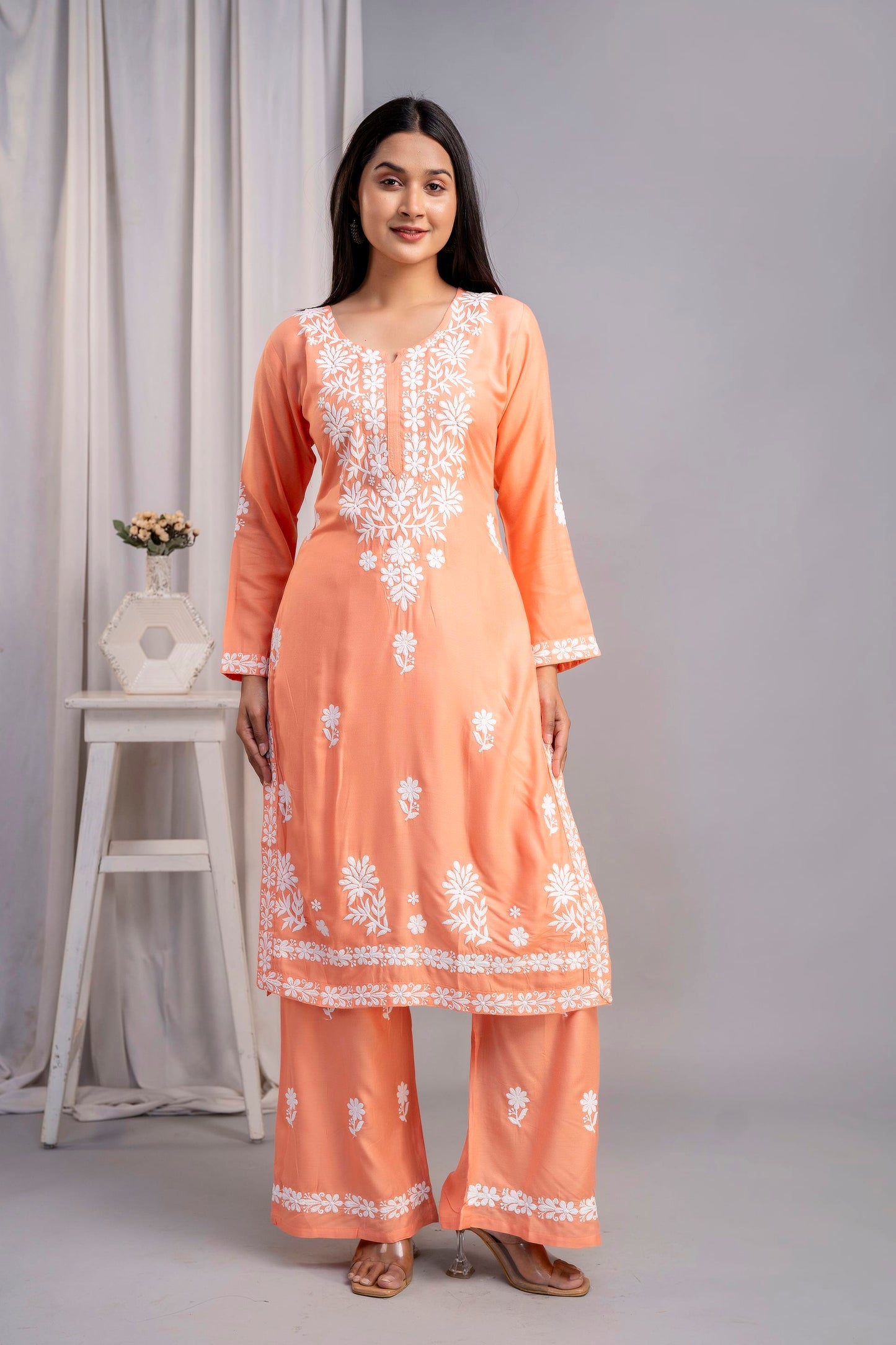 PEACH Women's Exclusive Kurti & Palazzo Set on Pure Rayon Fabric Chikan Suit