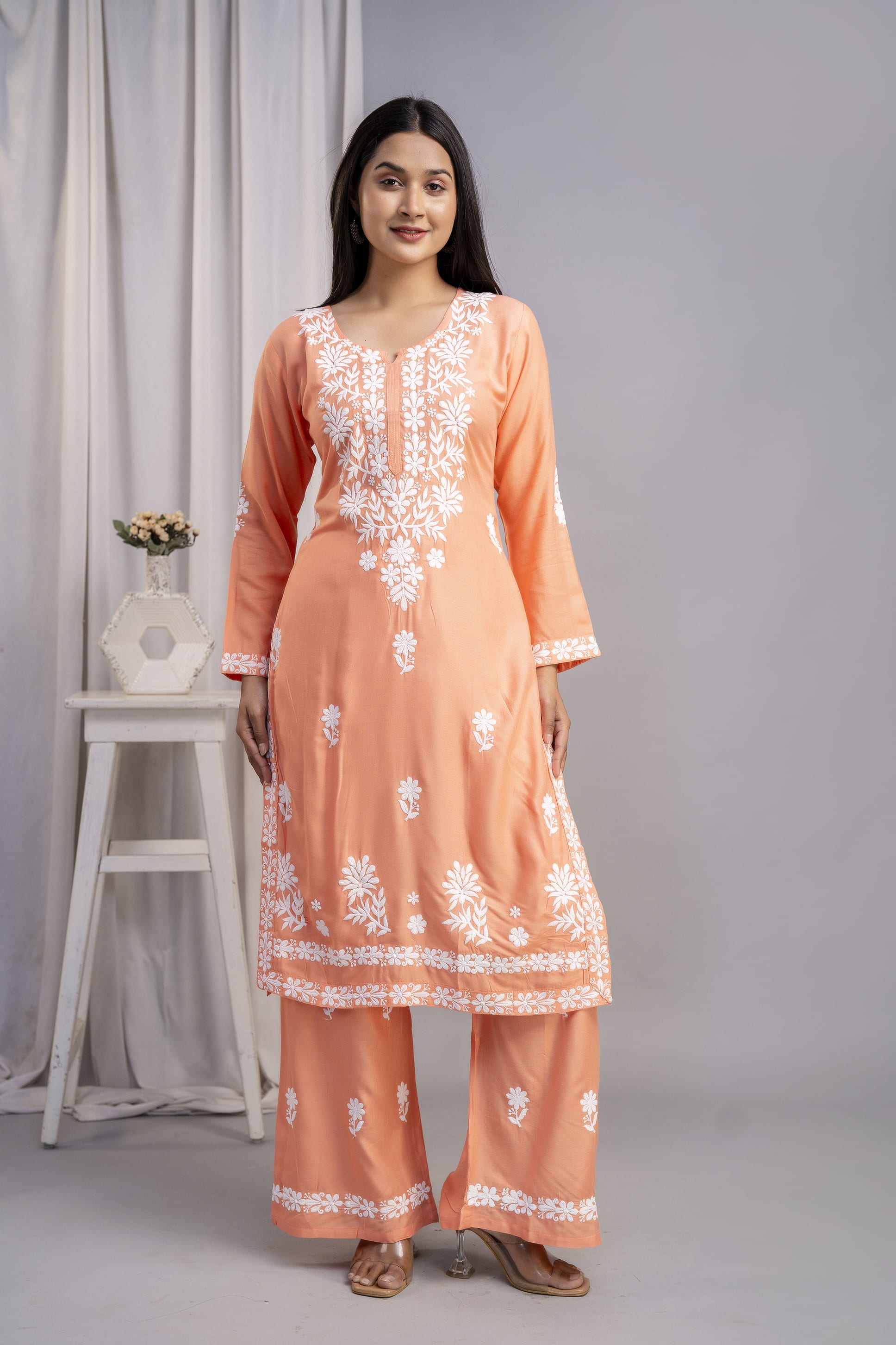 PEACH Women's Exclusive Kurti & Palazzo Set on Pure Rayon Fabric Chikan Suit