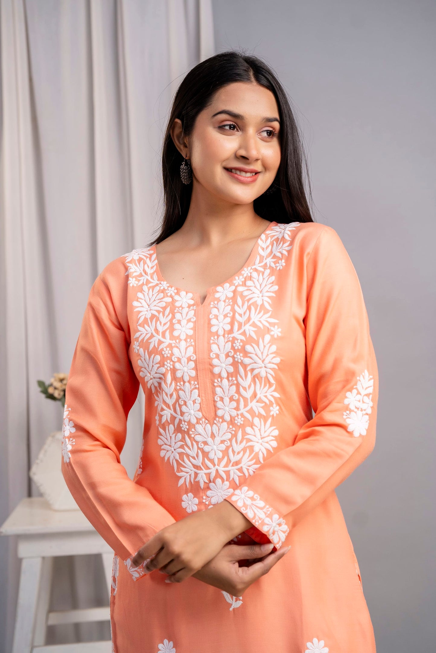 PEACH Women's Exclusive Kurti & Palazzo Set on Pure Rayon Fabric Chikan Suit
