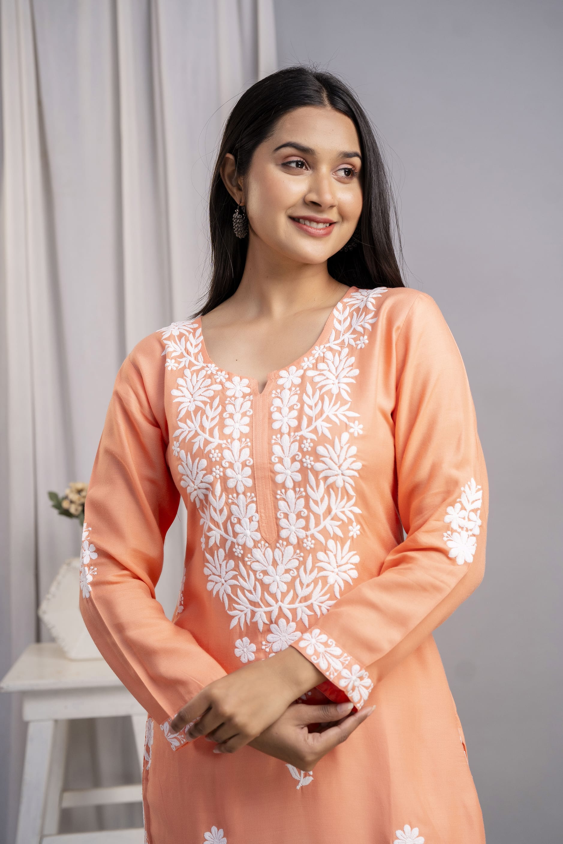 PEACH Women's Exclusive Kurti & Palazzo Set on Pure Rayon Fabric Chikan Suit