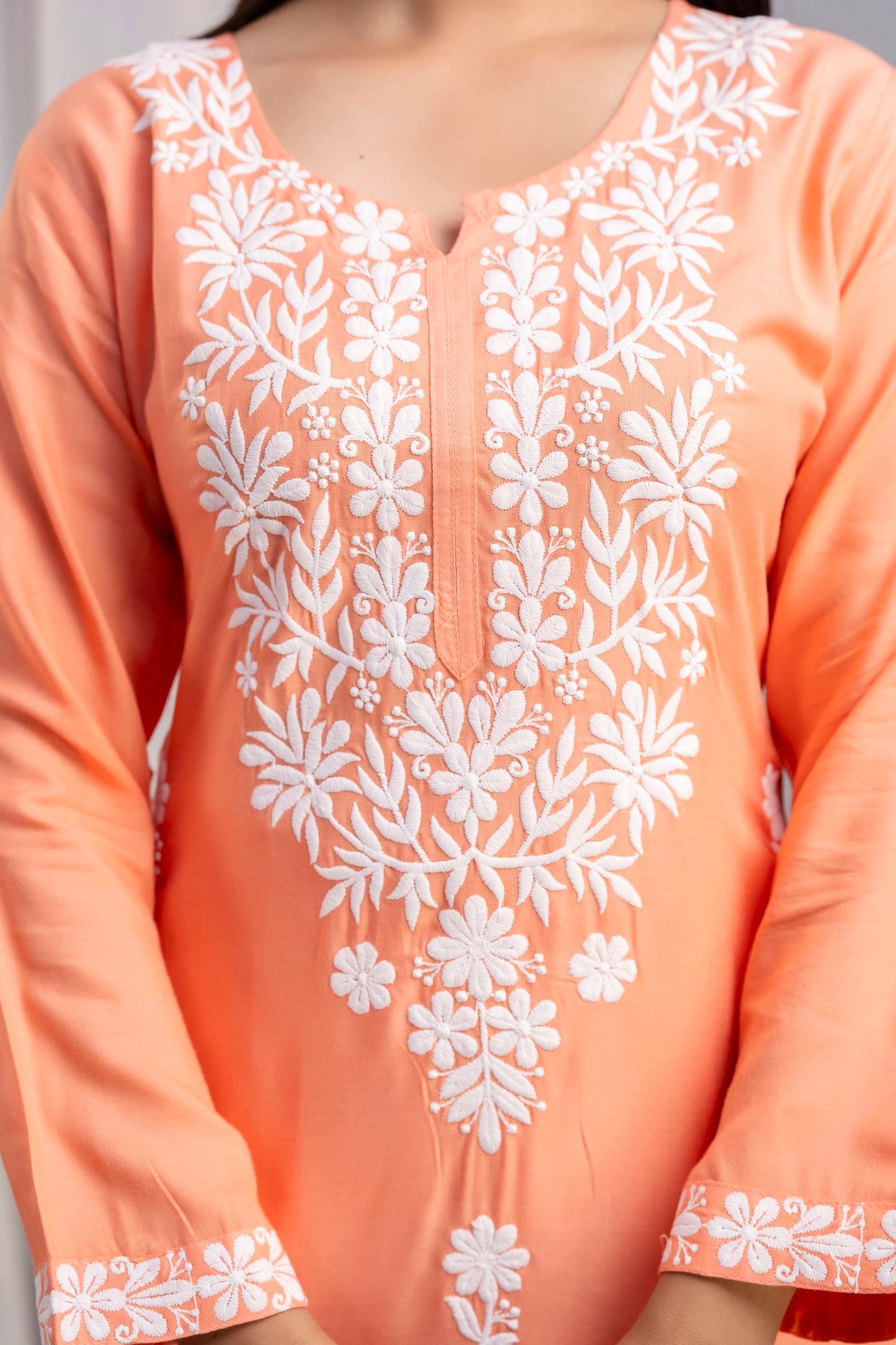 PEACH Women's Exclusive Kurti & Palazzo Set on Pure Rayon Fabric Chikan Suit