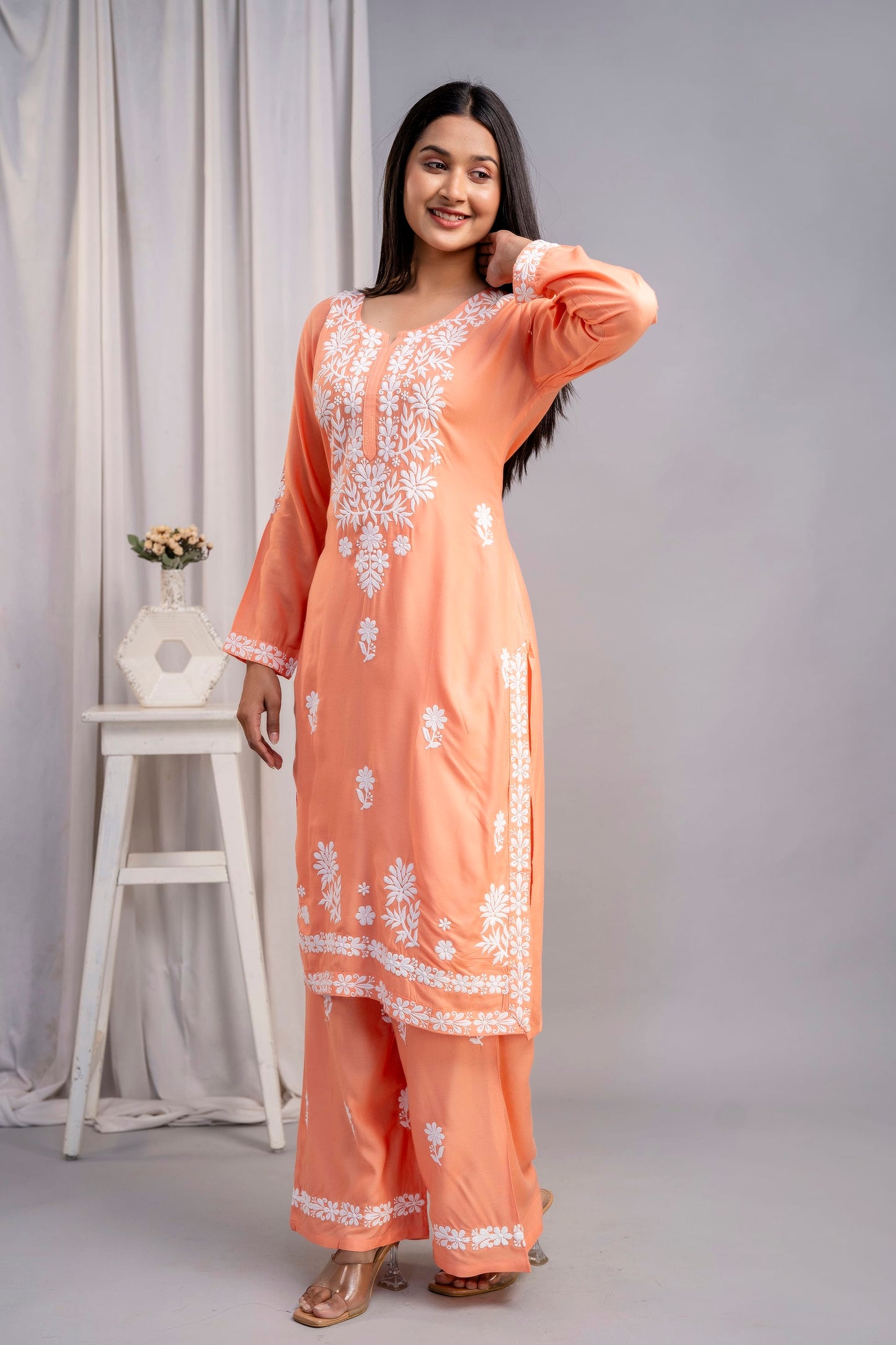 PEACH Women's Exclusive Kurti & Palazzo Set on Pure Rayon Fabric Chikan Suit