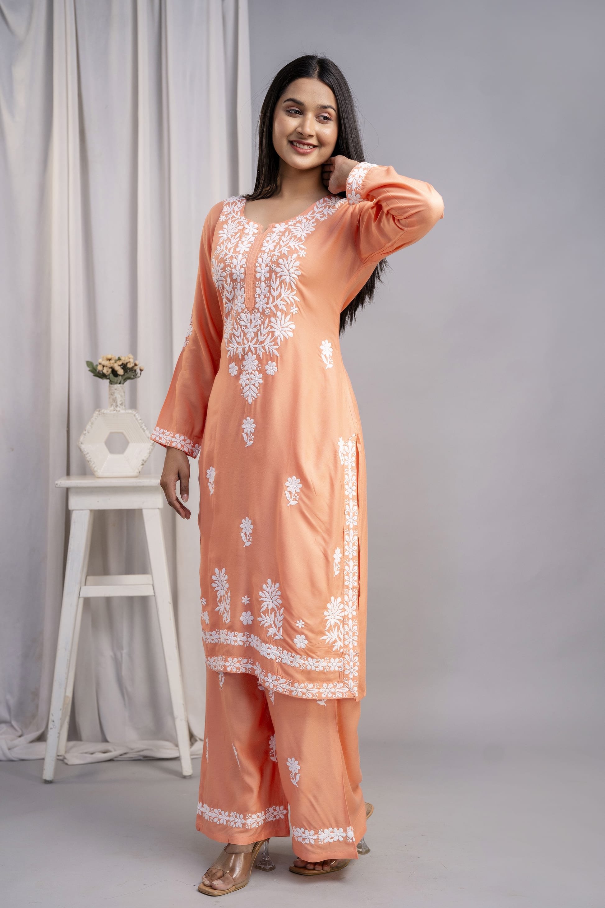 PEACH Women's Exclusive Kurti & Palazzo Set on Pure Rayon Fabric Chikan Suit