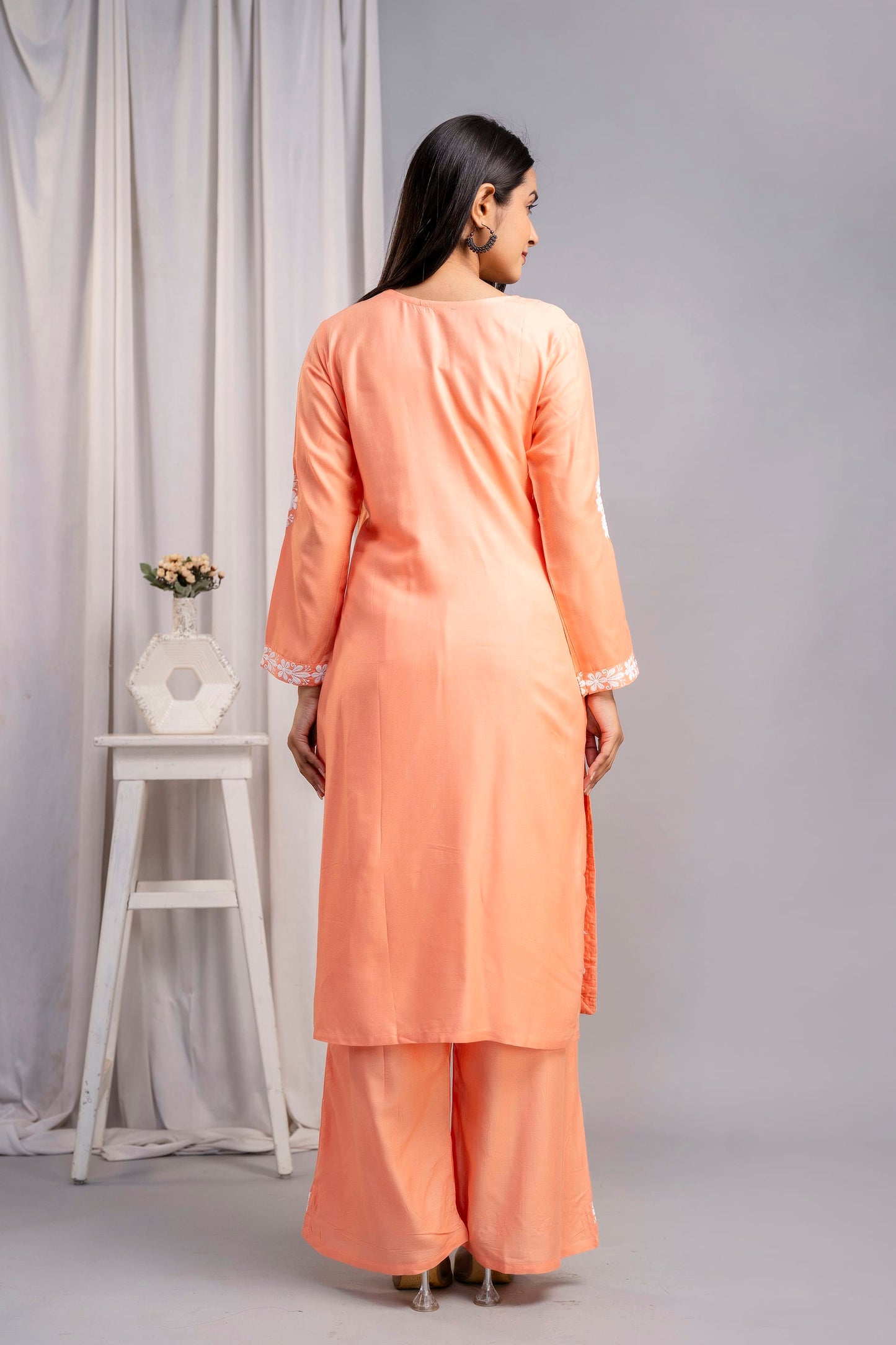 PEACH Women's Exclusive Kurti & Palazzo Set on Pure Rayon Fabric Chikan Suit