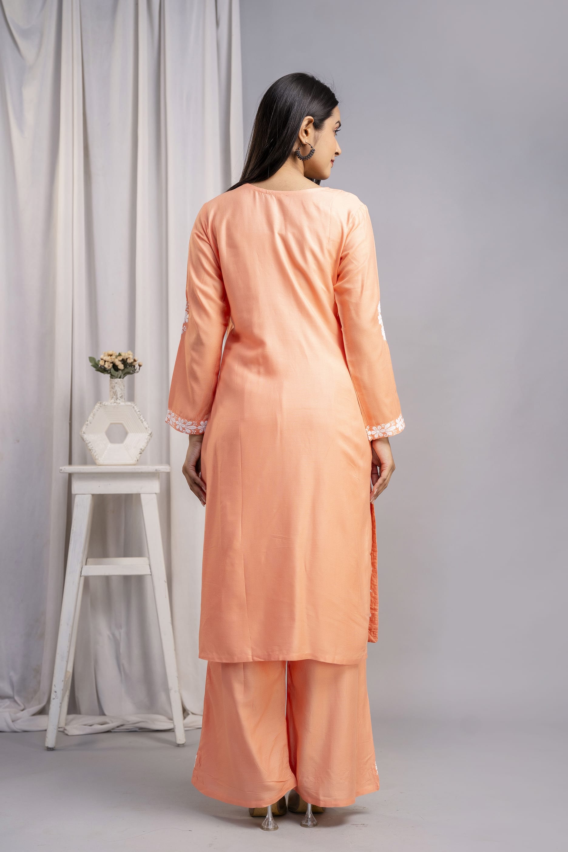 PEACH Women's Exclusive Kurti & Palazzo Set on Pure Rayon Fabric Chikan Suit